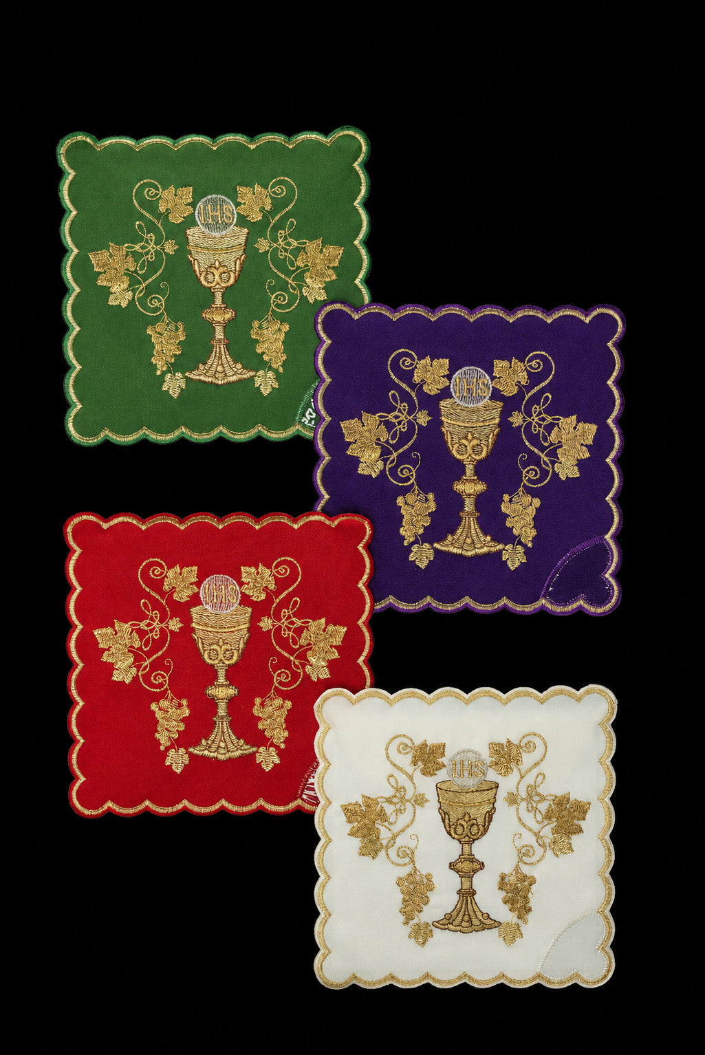 Set di palle da calice liturgiche in quattro colori con ricamo del calice e IHS