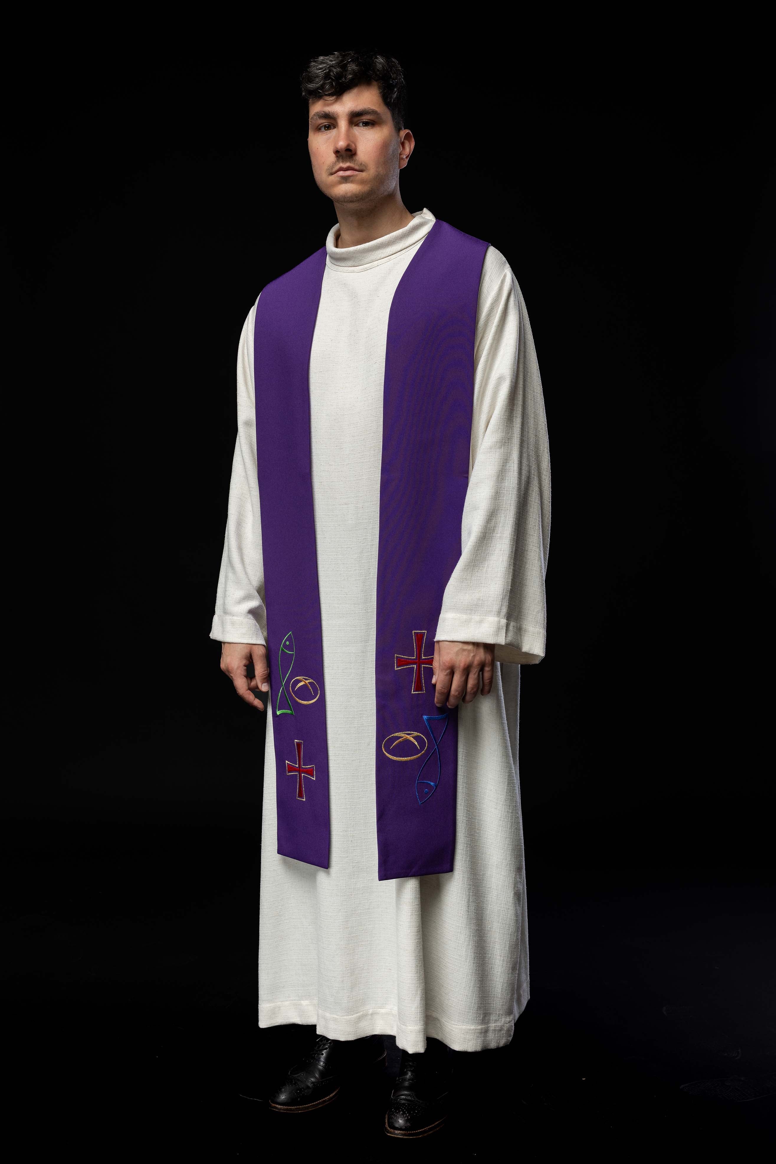 Purple embroidered priest's stole Fish Bread Cross