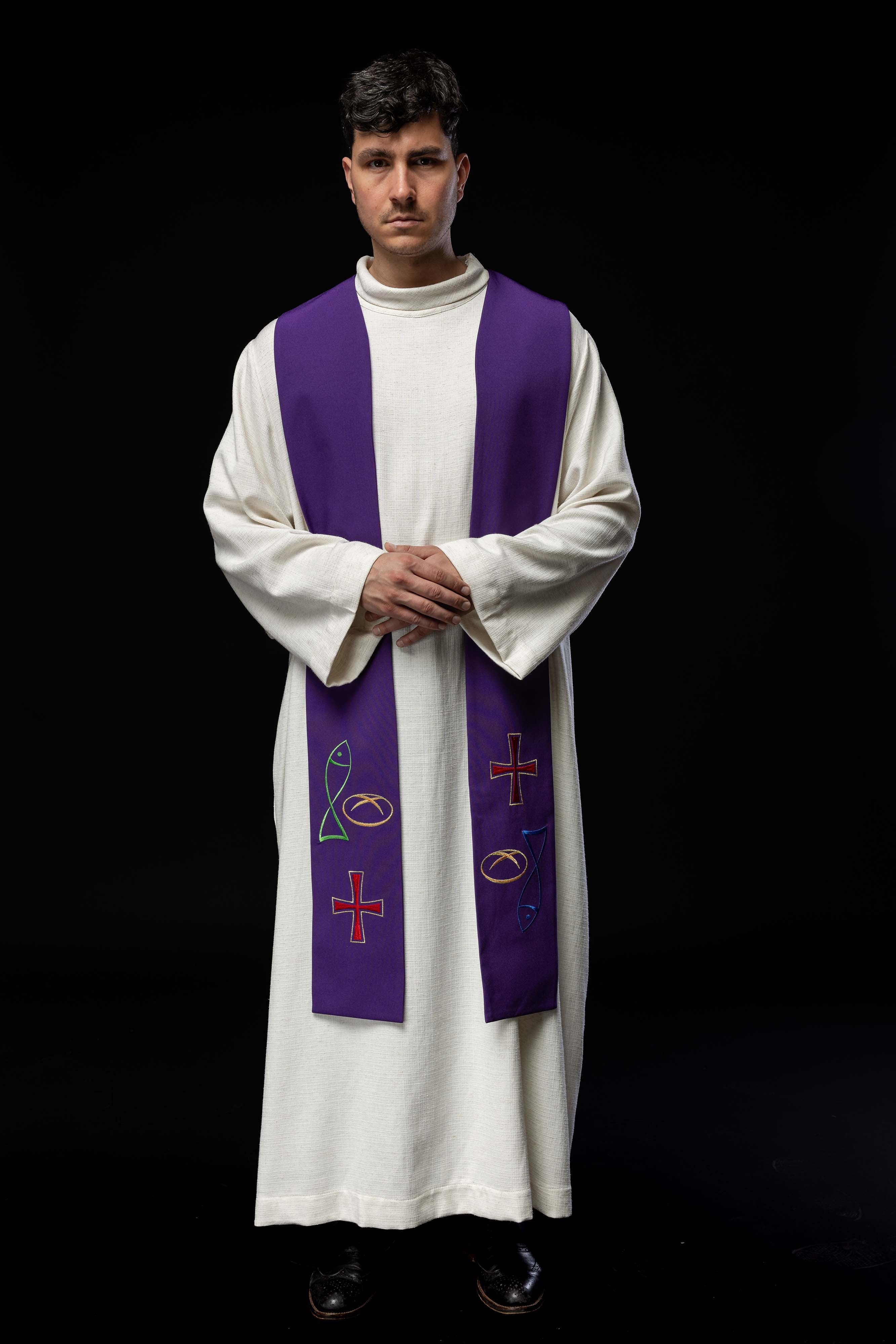 Purple embroidered priest's stole Fish Bread Cross