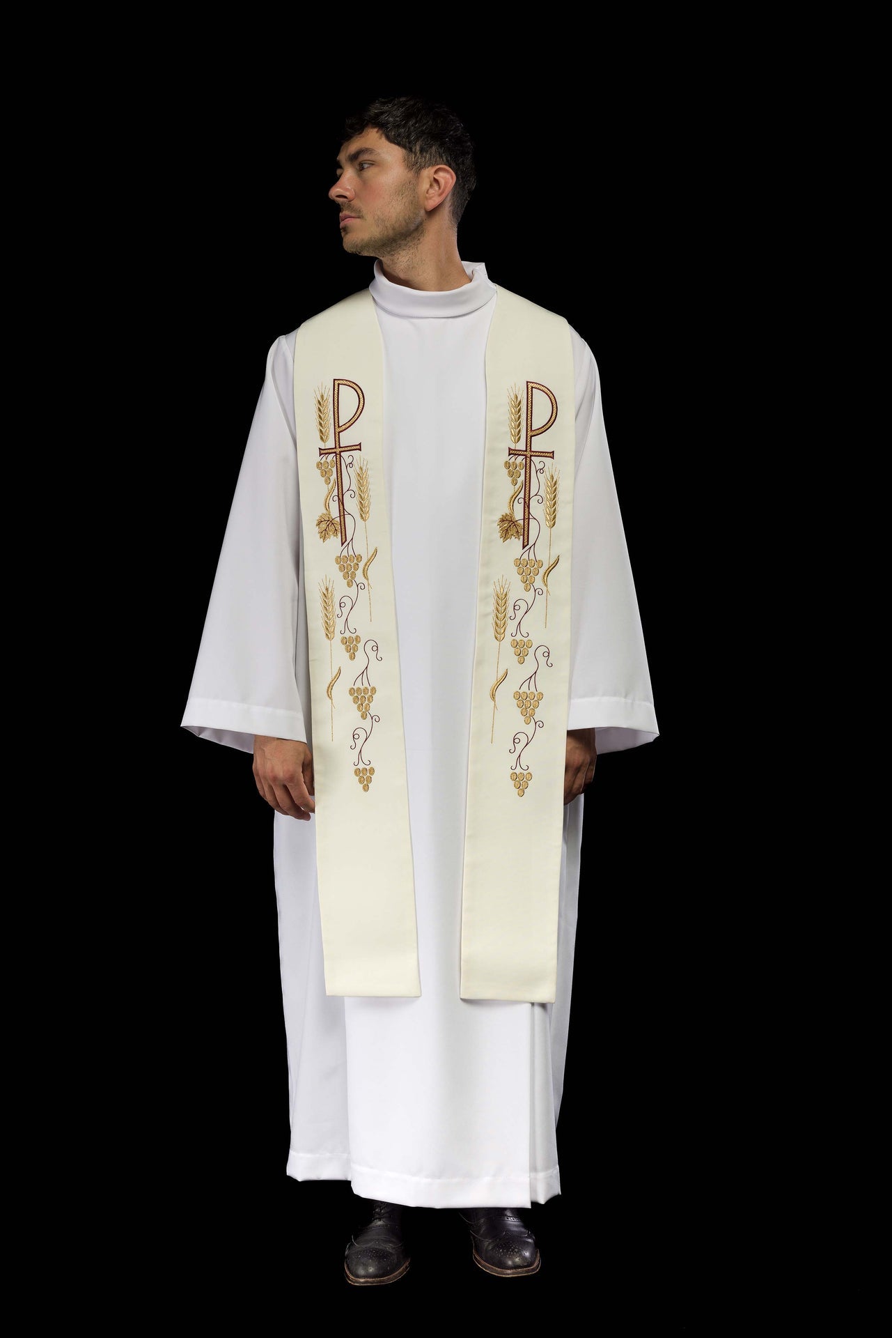 Stuła kapłańska haftowana krzyż z winogronami ecru - ORNATY.PL