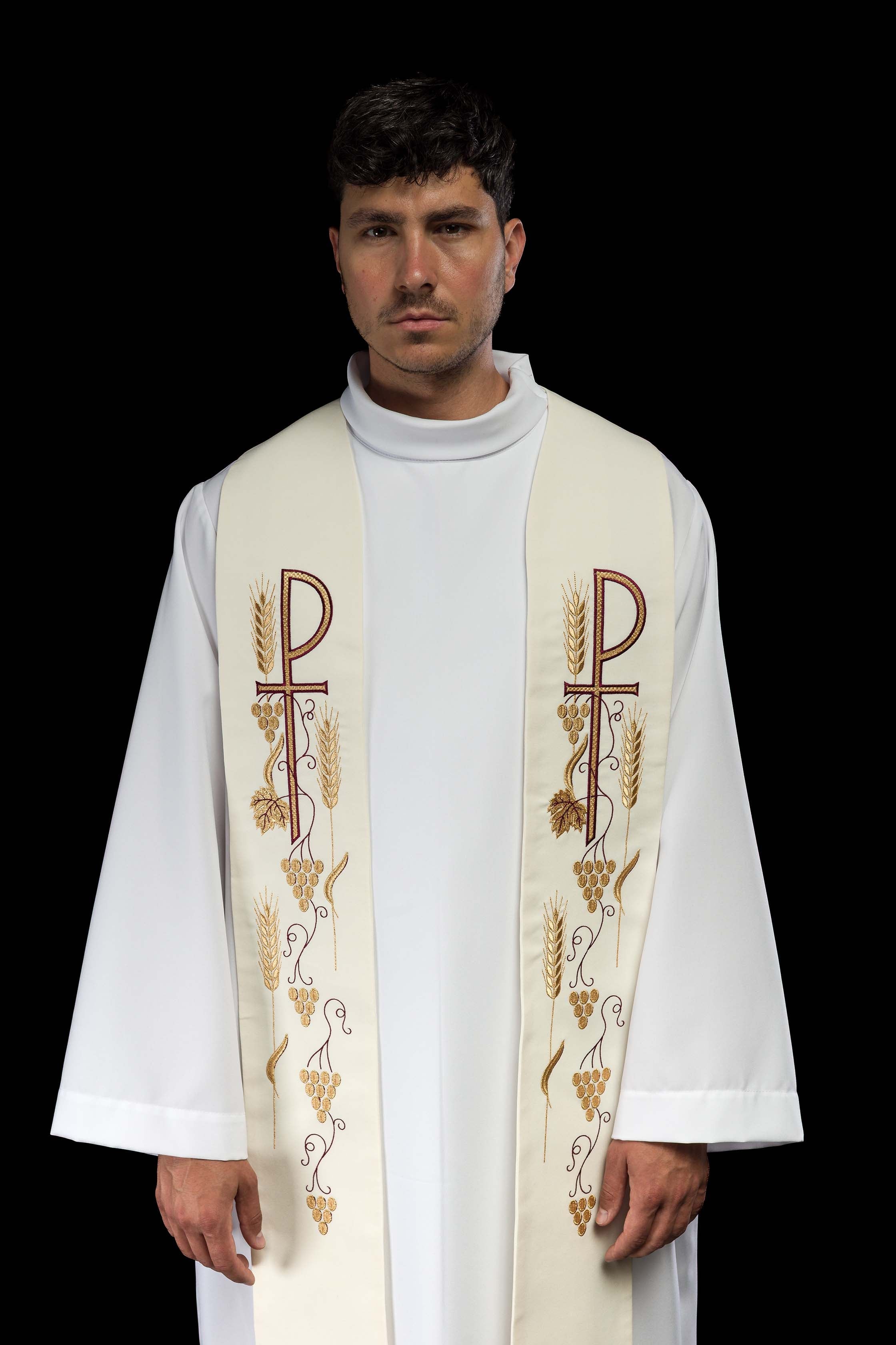 Priestly stole embroidered cross with grapes ecru