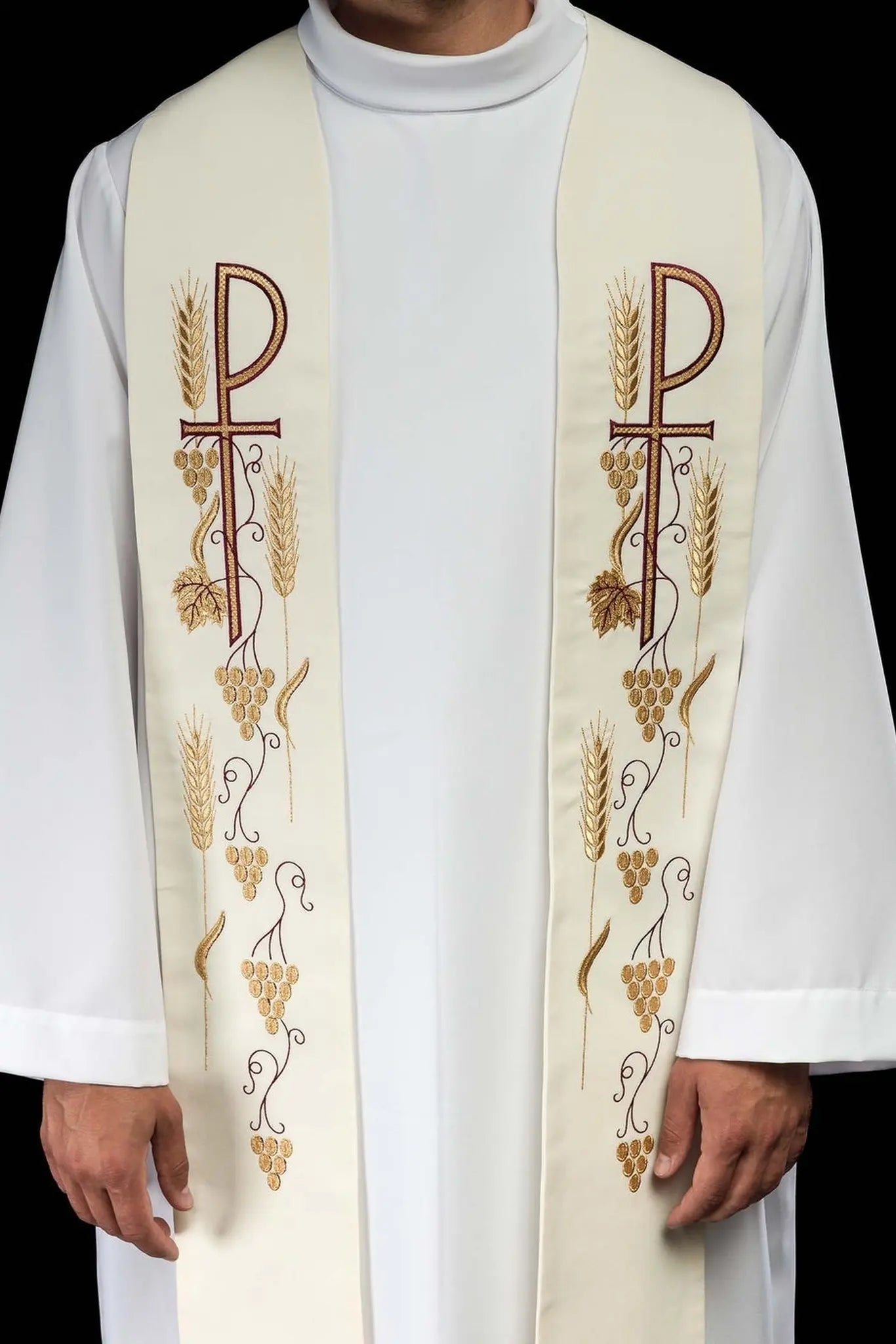 Priestly stole embroidered cross with grapes ecru