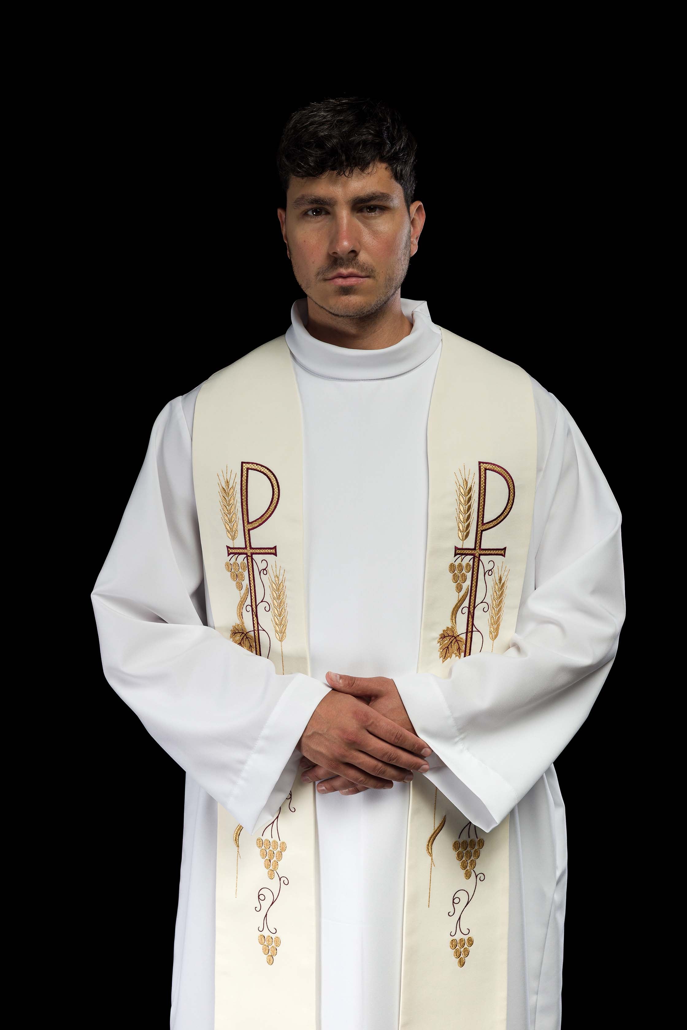 Priestly stole embroidered cross with grapes ecru