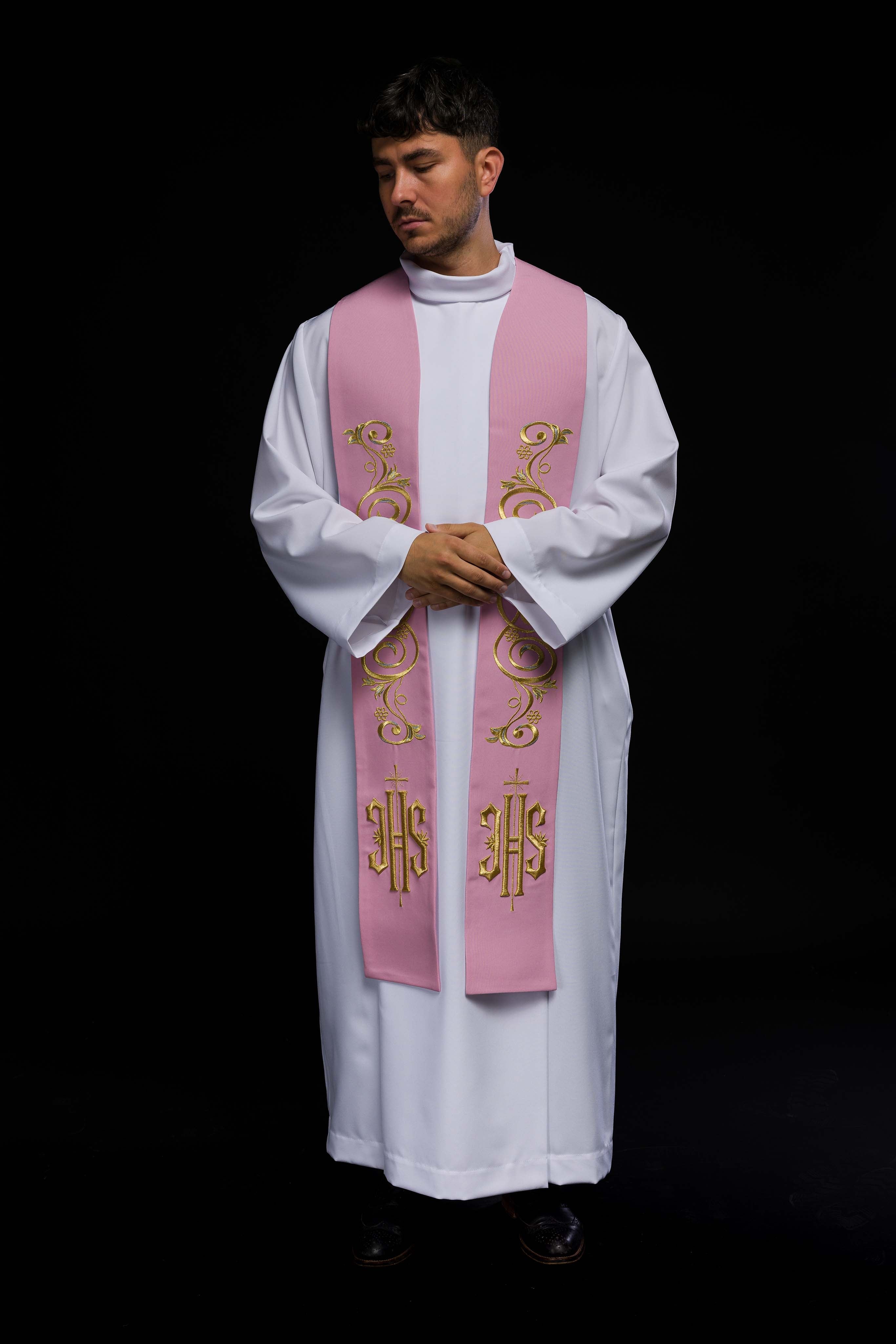 Embroidered priest's stole IHS Pink