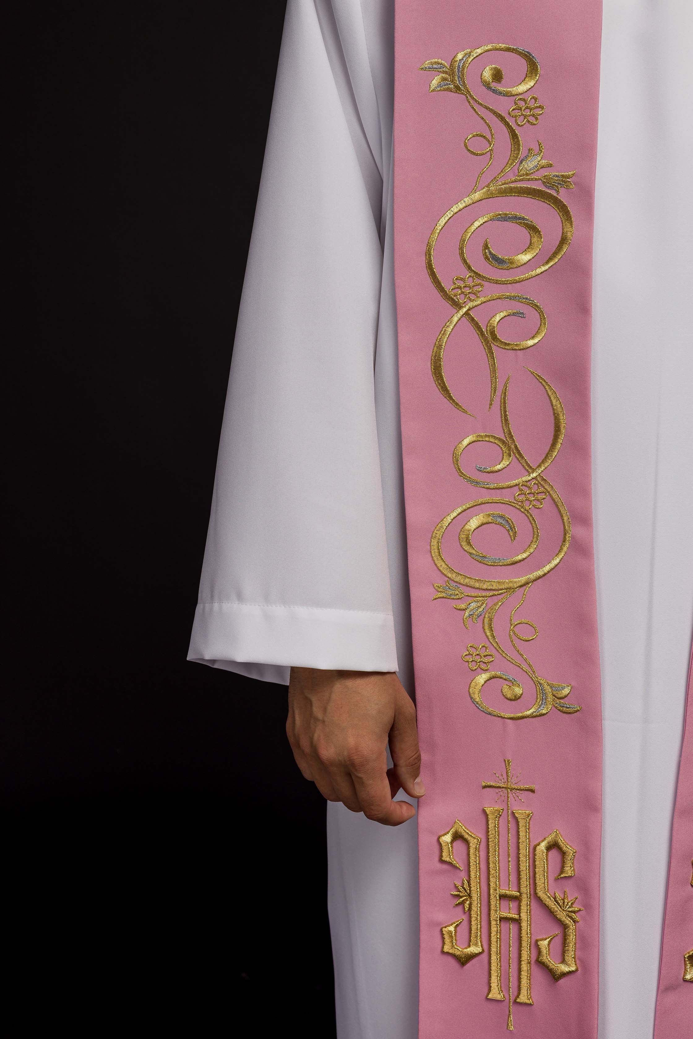 Embroidered priest's stole IHS Pink