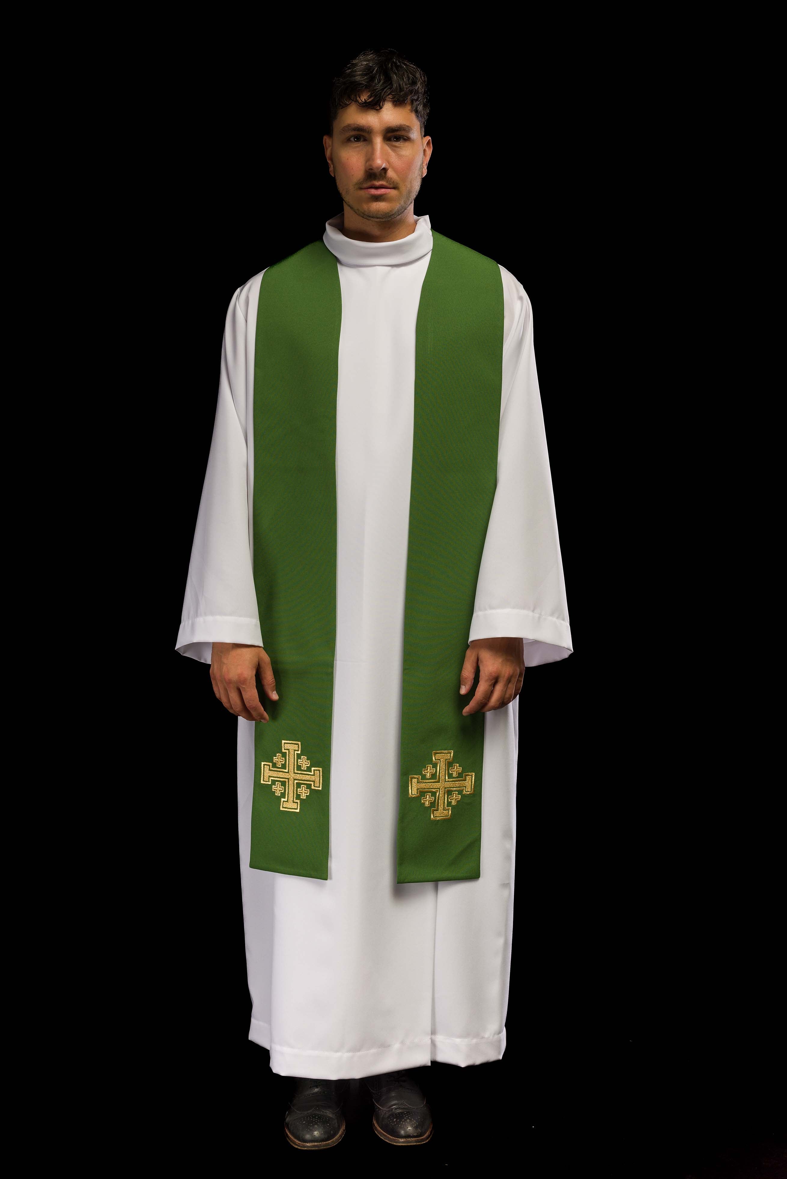 Embroidered green priest's stole Jerusalem cross