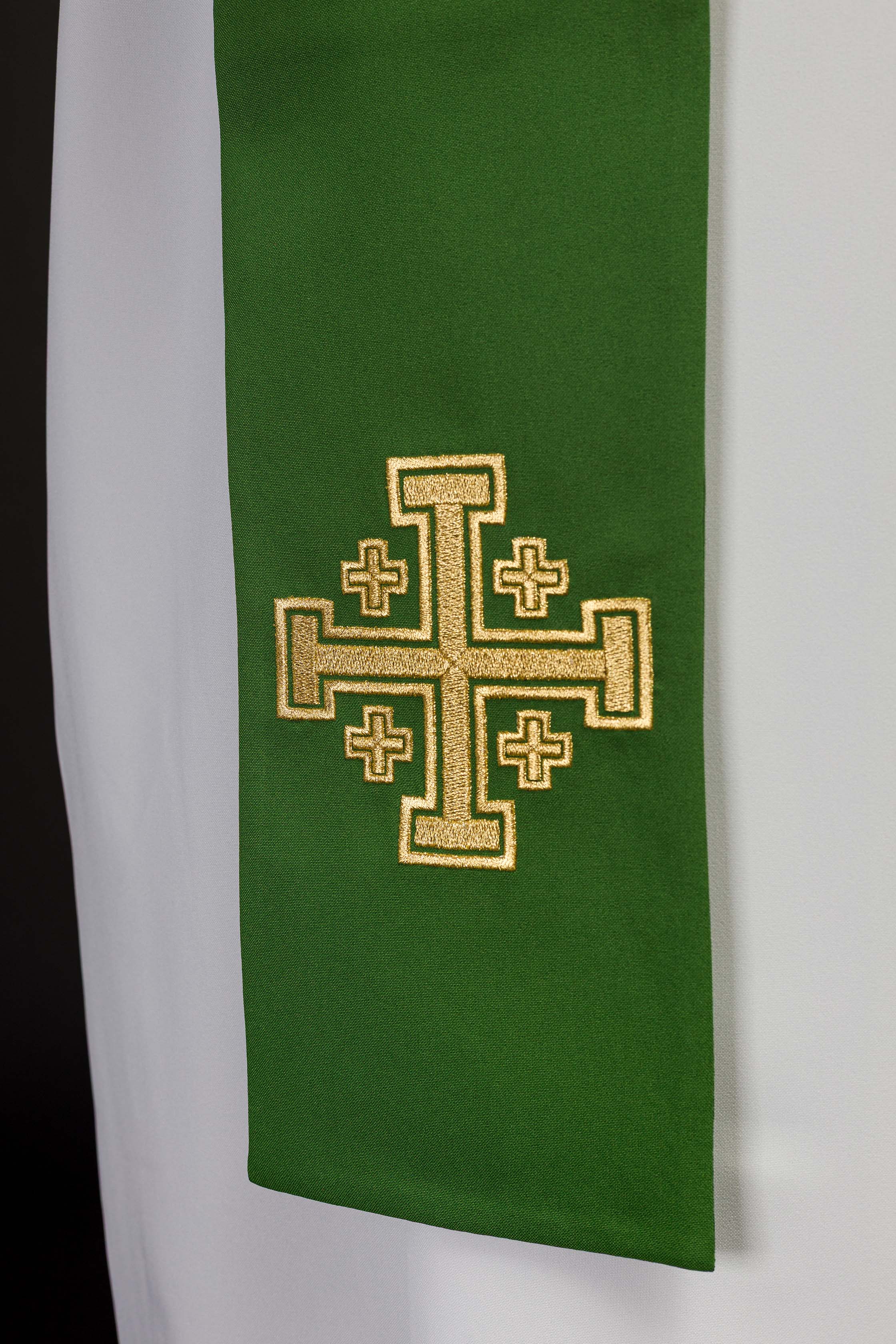 Embroidered green priest's stole Jerusalem cross