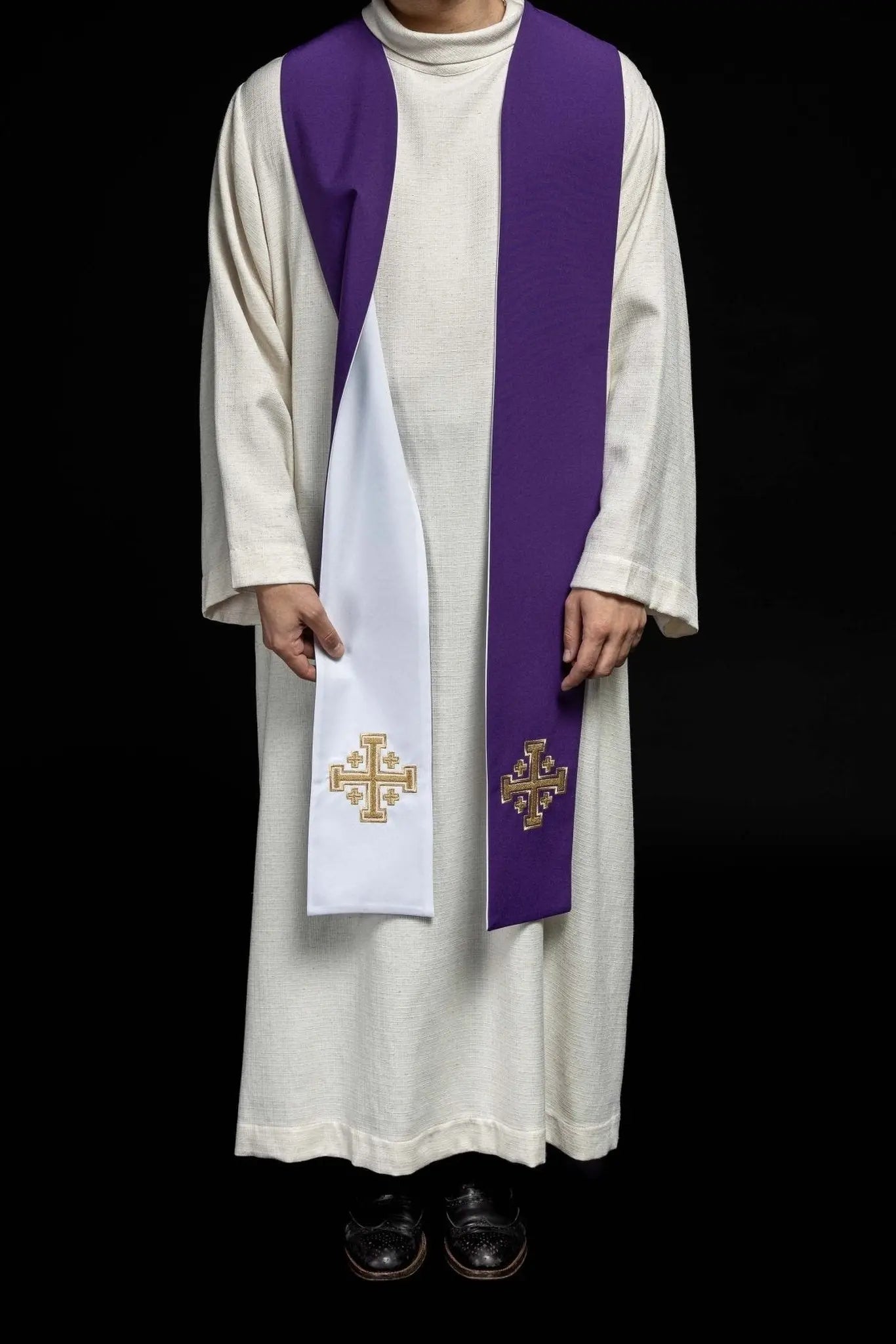 Double-sided stole Jerusalem Cross purple and white