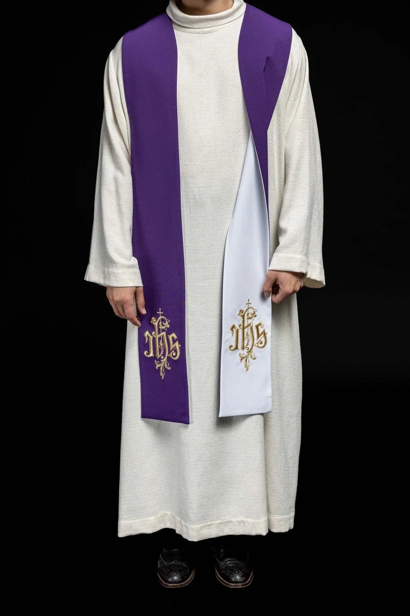 Double-sided embroidered stole IHS purple and white