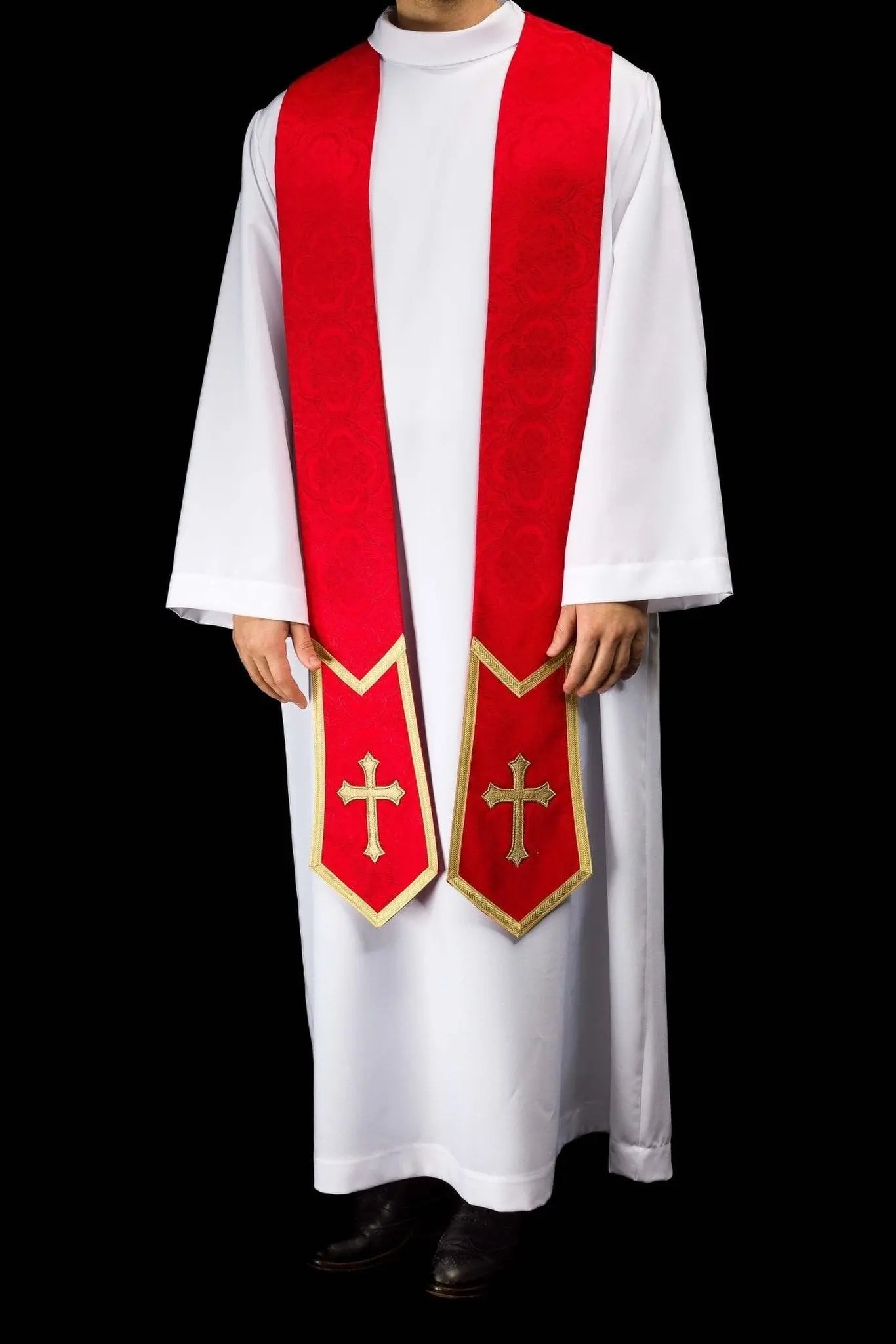 Red Jacquard Stole with Embroidered Cross