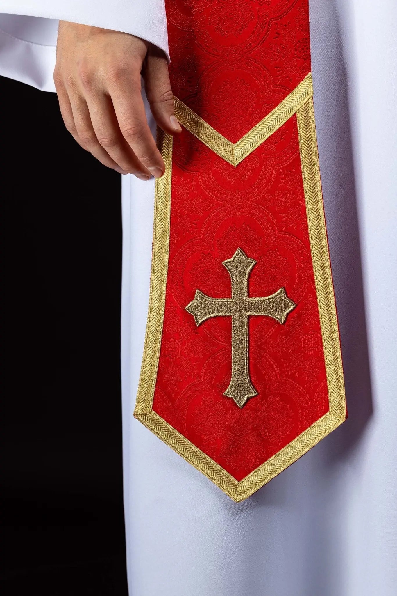 Red Jacquard Stole with Embroidered Cross