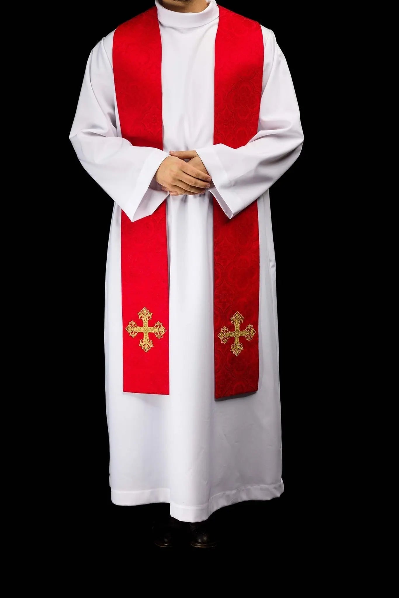 Red Jacquard Stole with Gold Cross Embroidery