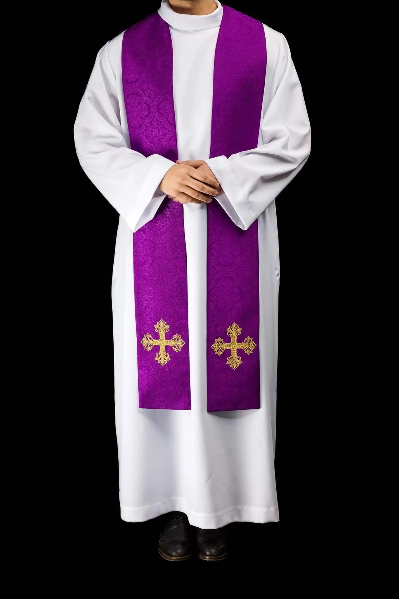 Purple Jacquard Stole with Gold Cross Embroidery