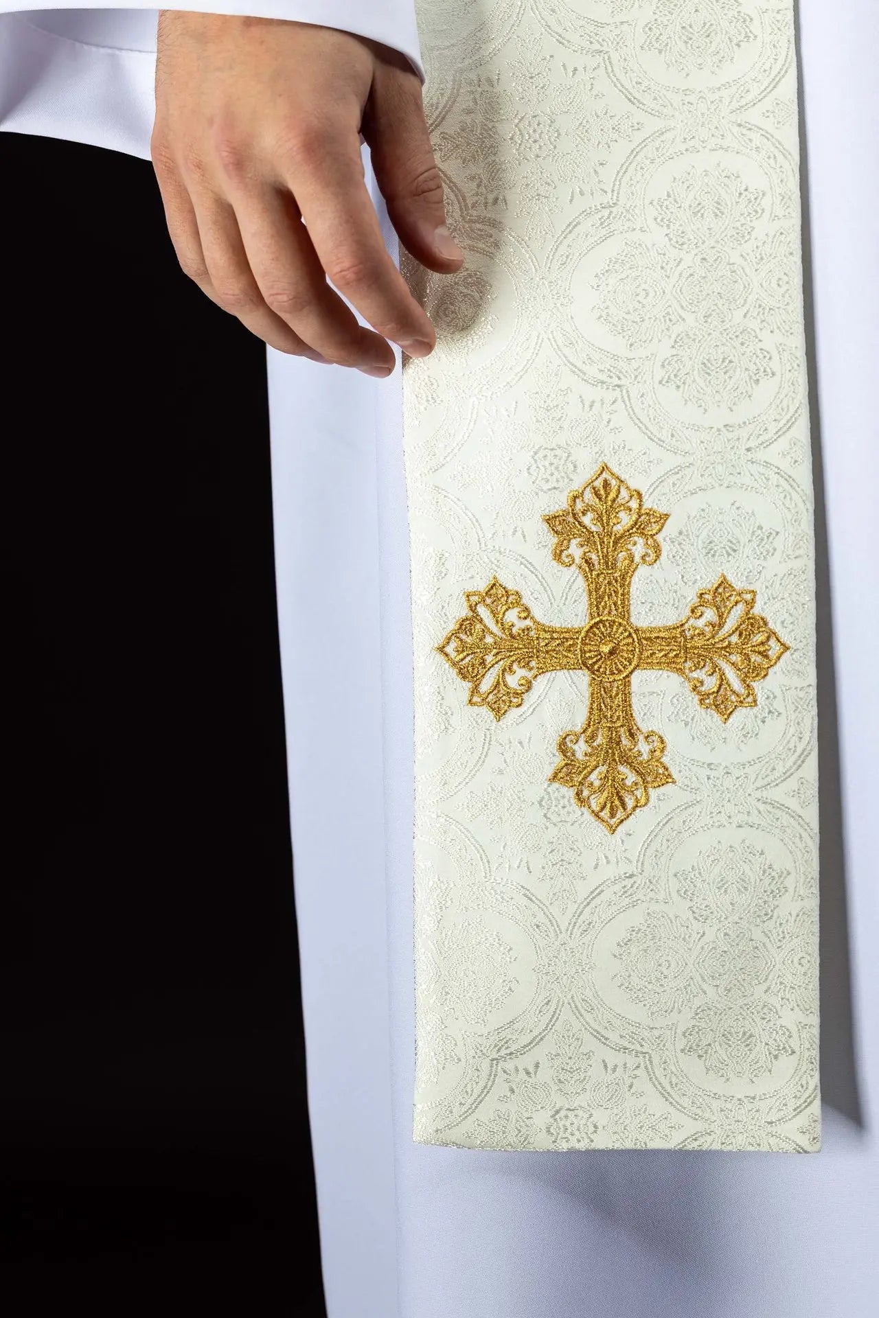 Ecru Jacquard Stole with Gold Cross Embroidery