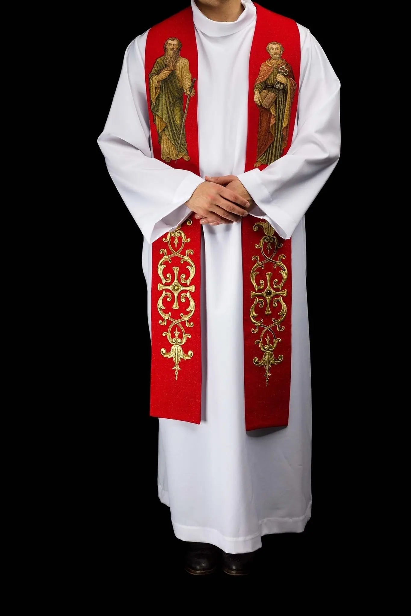Red Stole with Embroidered Images of Saints Peter and Paul