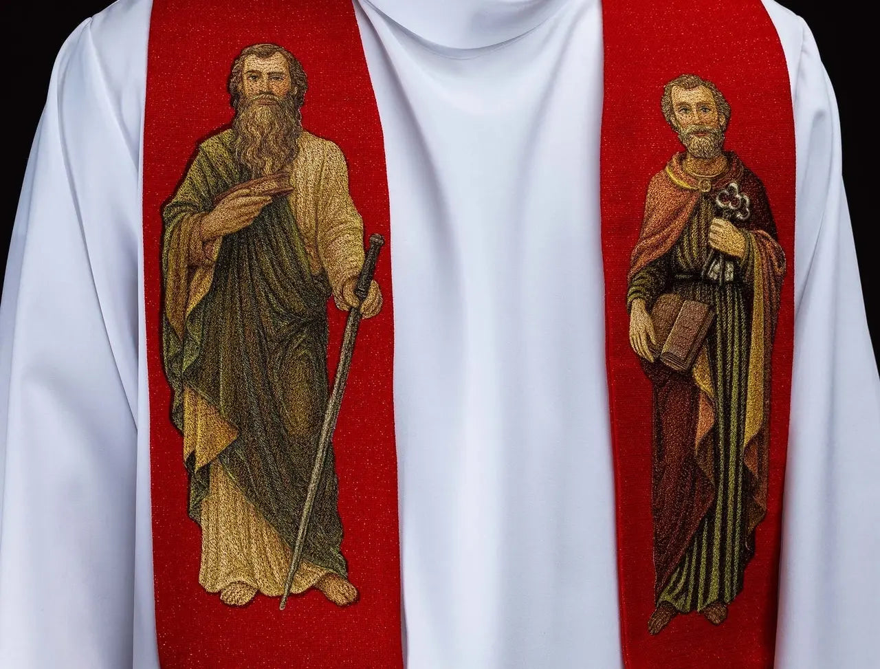 Red Stole with Embroidered Images of Saints Peter and Paul