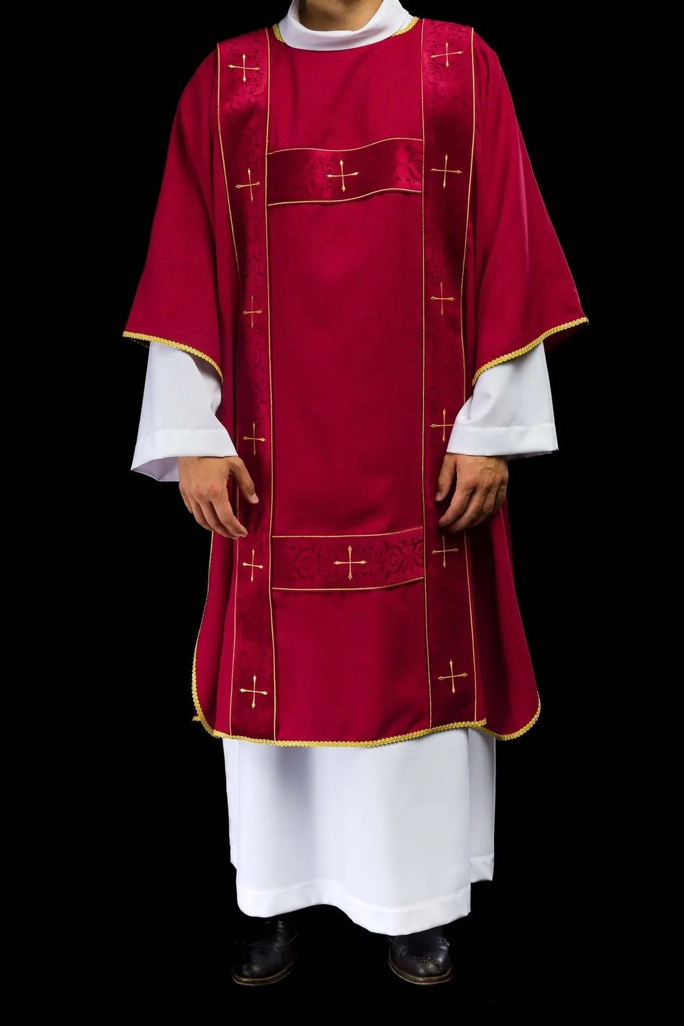 Dalmatic with velvet stripes and embroidered gold crosses red