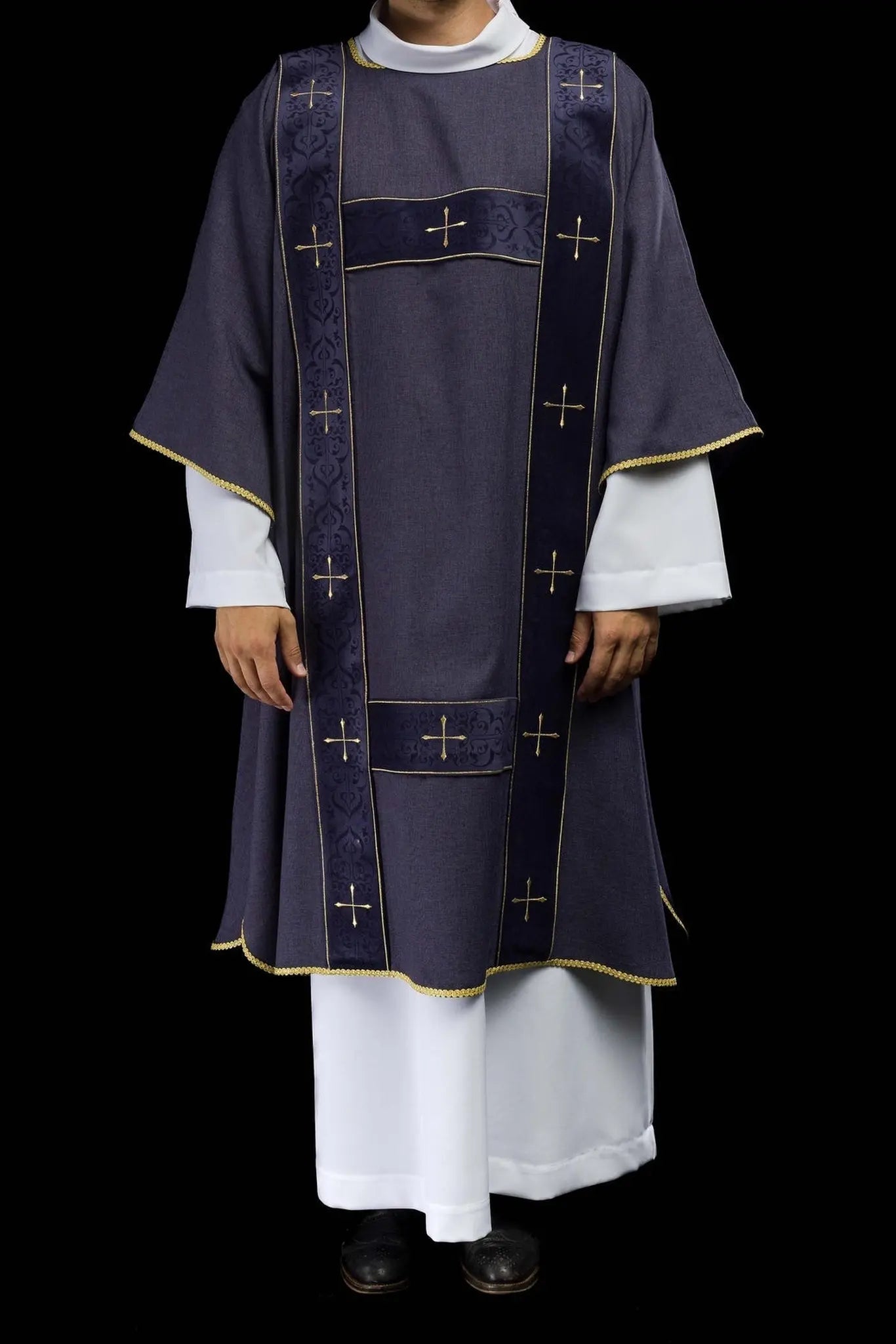 Dalmatic with velvet stripes and embroidered gold crosses purple