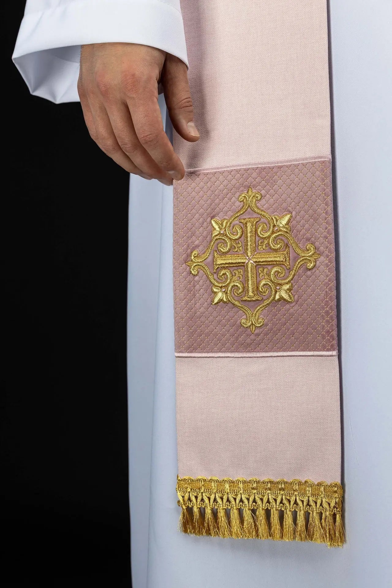 Pink Velvet Stole with Gold Cross Embroidery