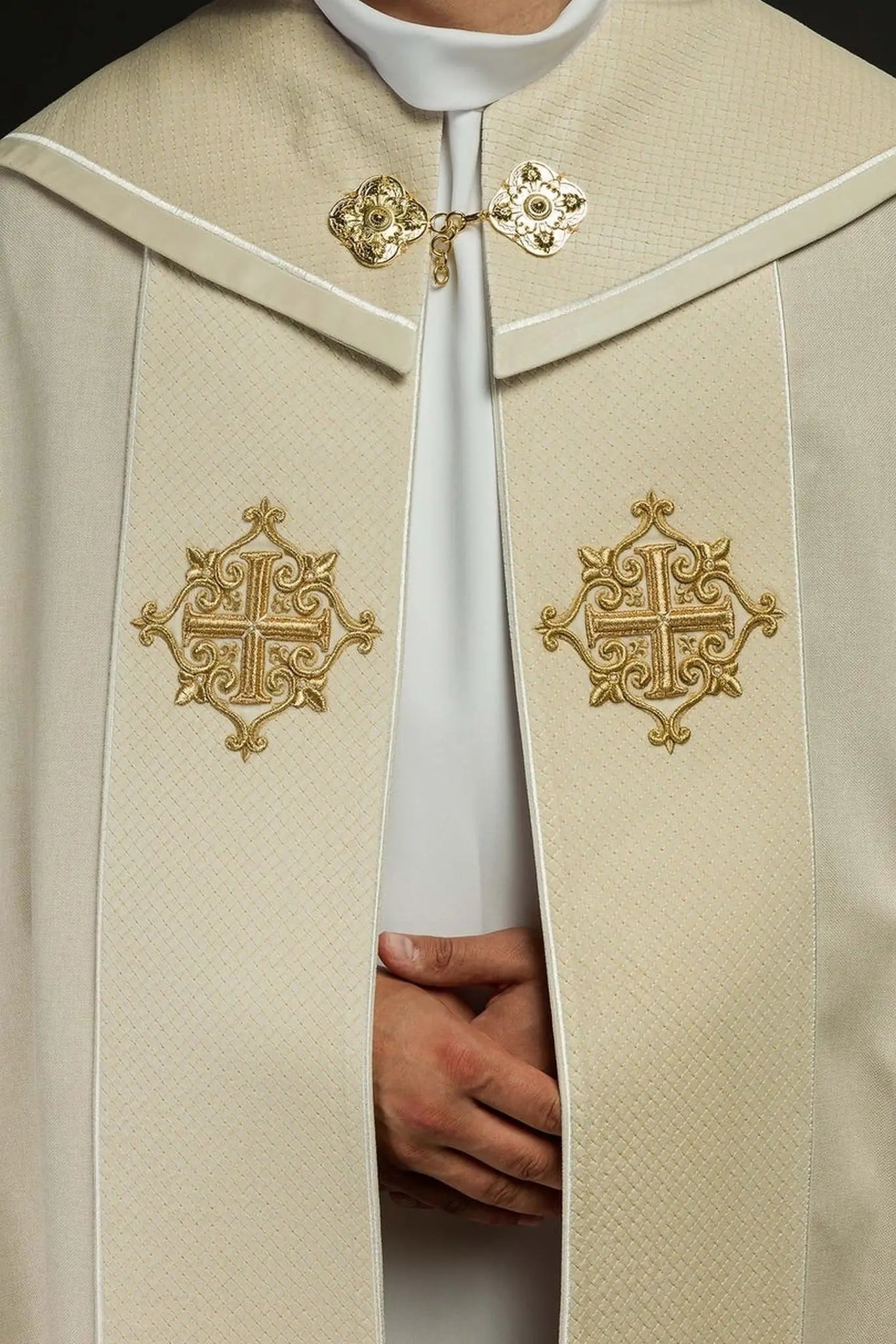 Liturgical Cope with Ecru Velvet Band and Cross Embroidery