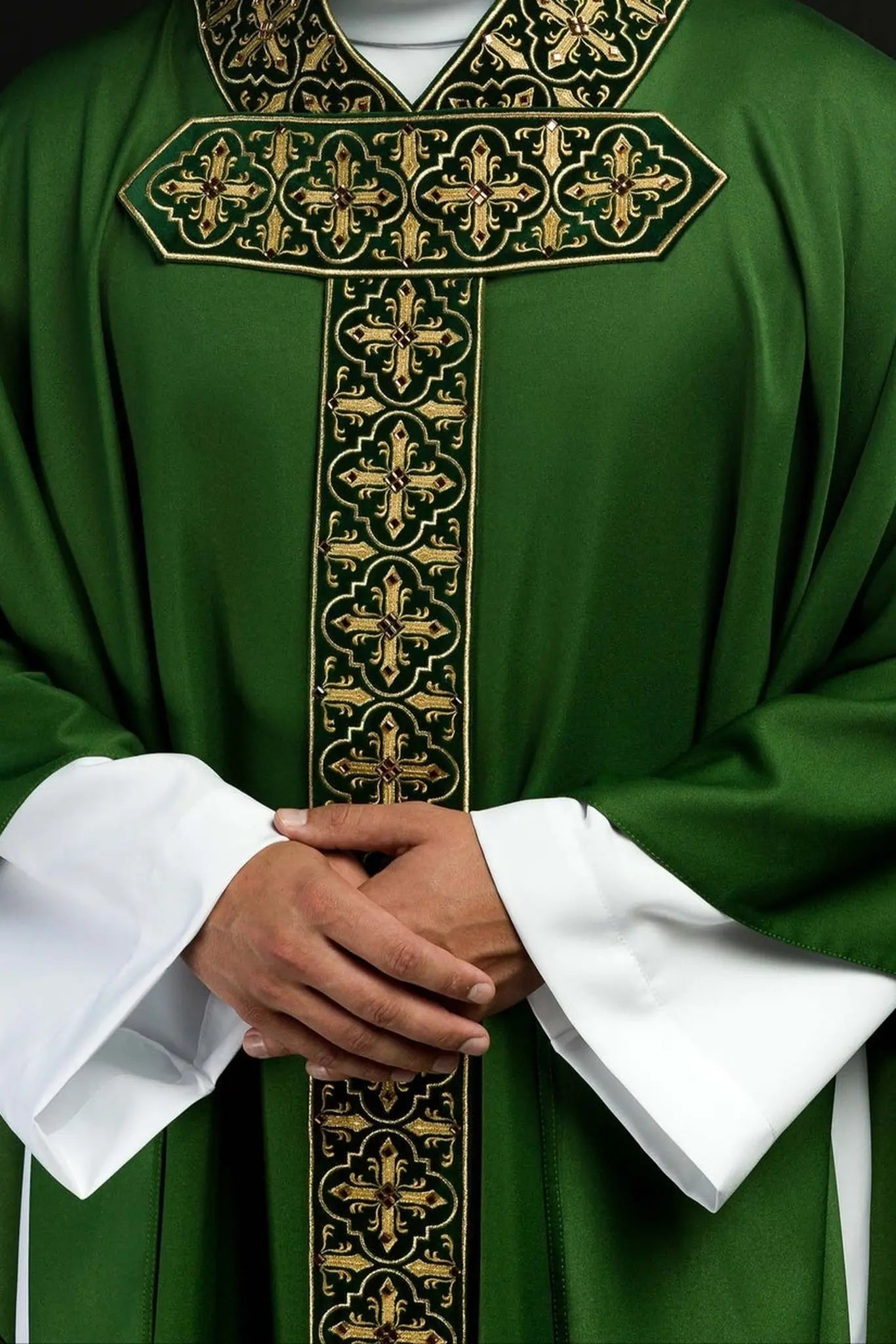 Green chasuble with hanging embroidered belt and 500 stones