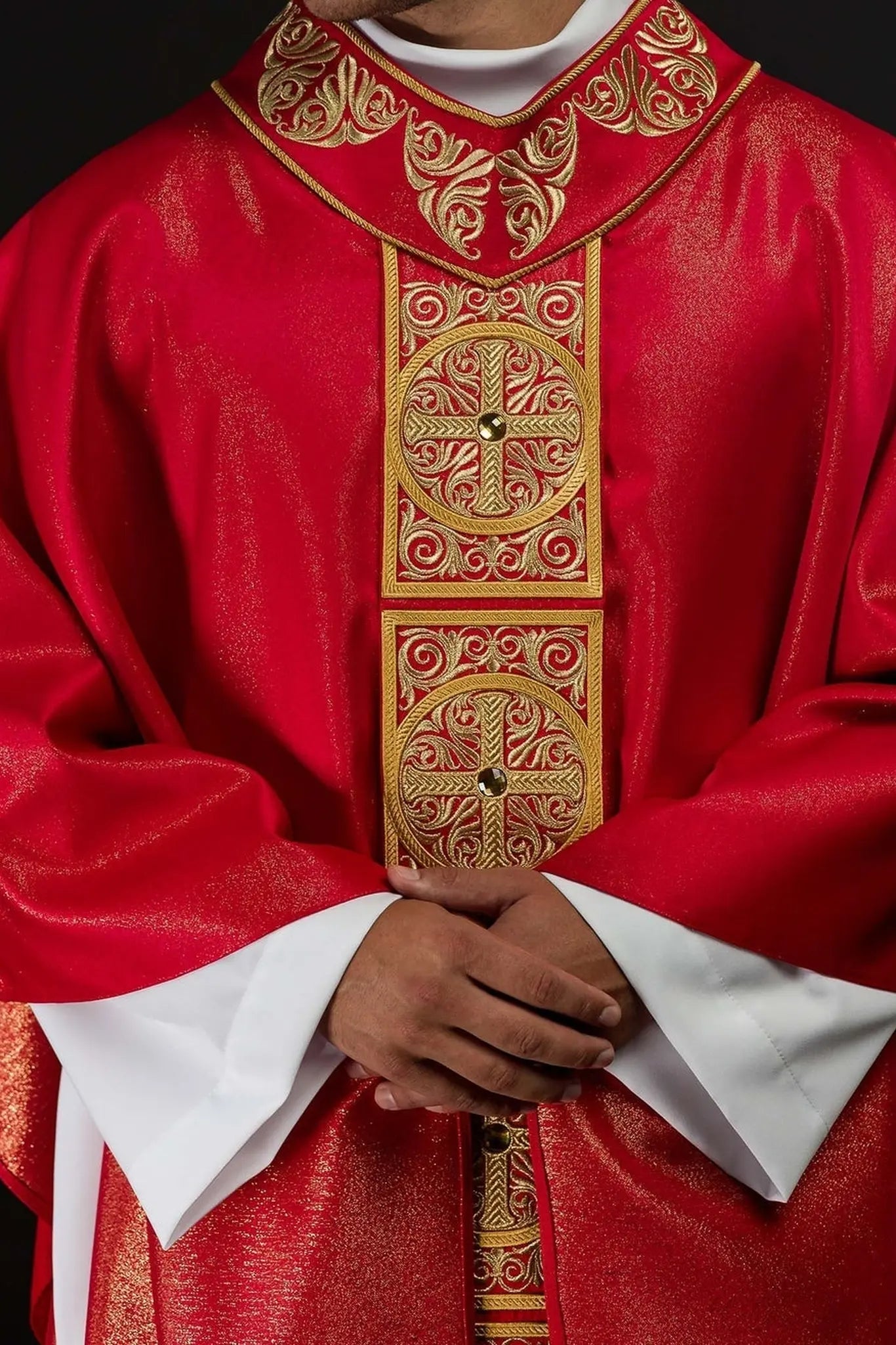 Red Chasuble with Rich Embroidery and Decorative Stones