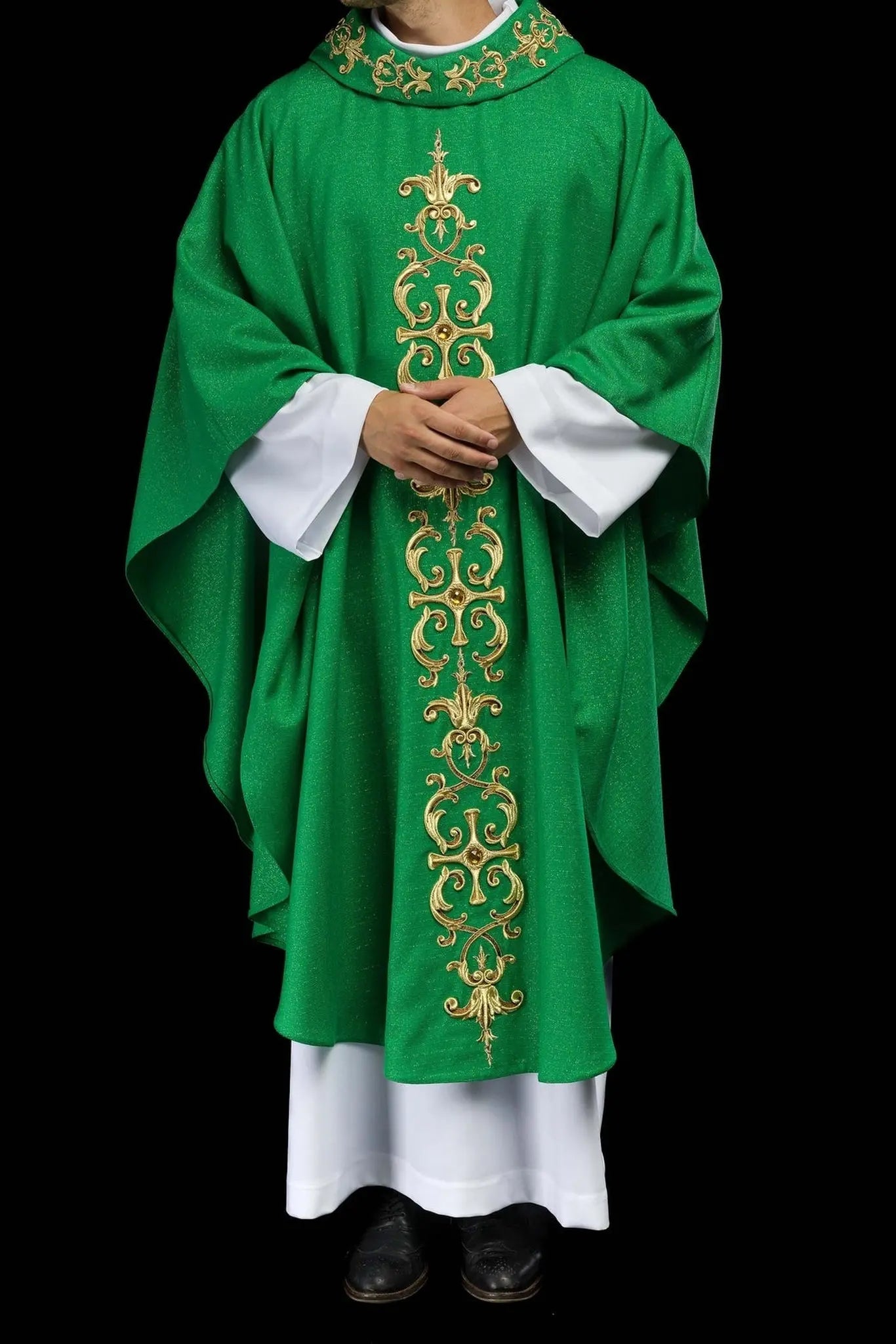 Green chasuble richly embroidered with stones