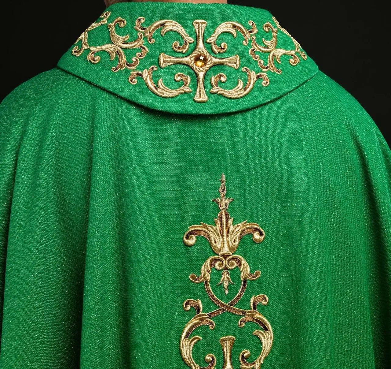 Green chasuble richly embroidered with stones