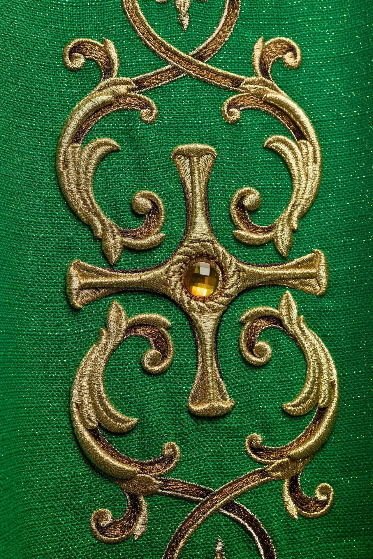 Green chasuble richly embroidered with stones