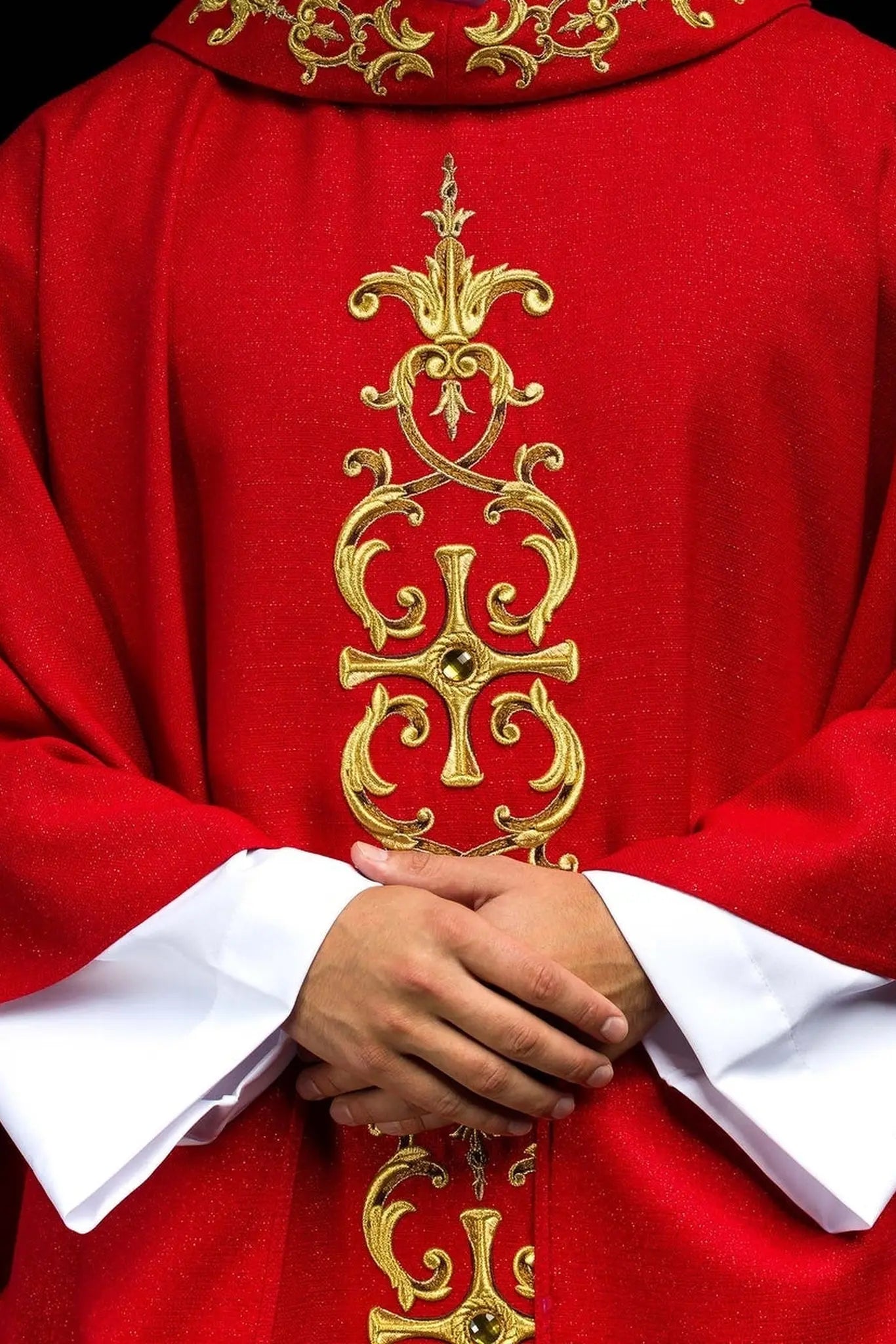 Red chasuble richly embroidered with stones