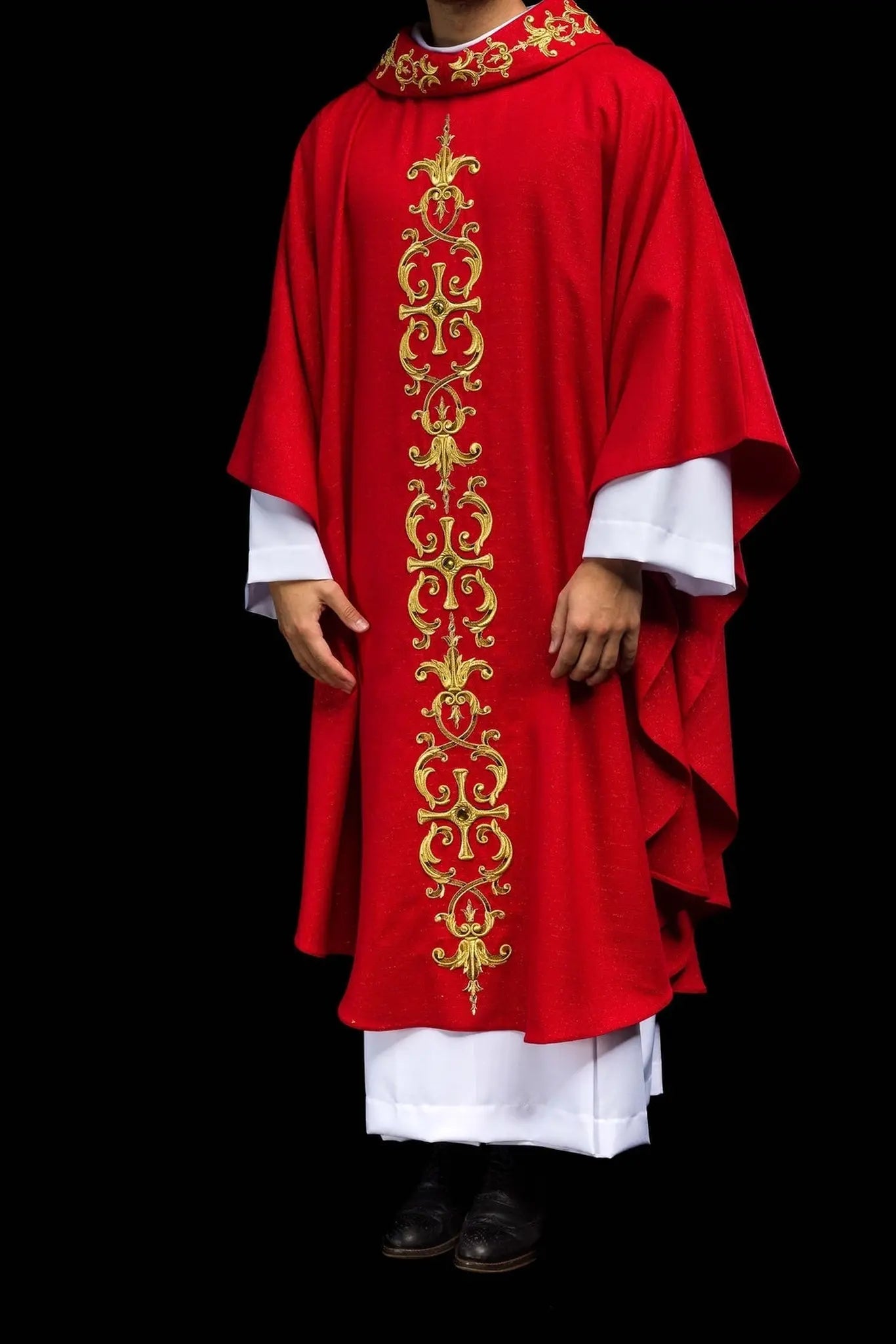 Red chasuble richly embroidered with stones