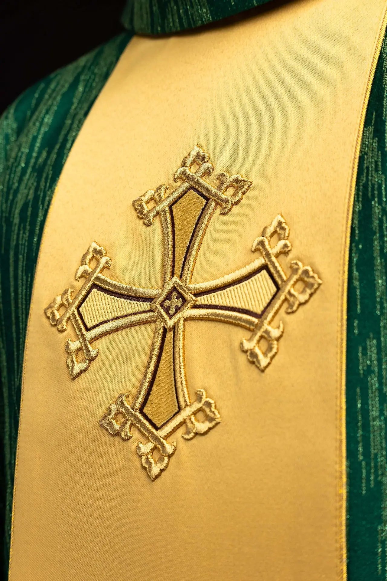 Green Chasuble with Embroidered Cross on Decorative Orphrey
