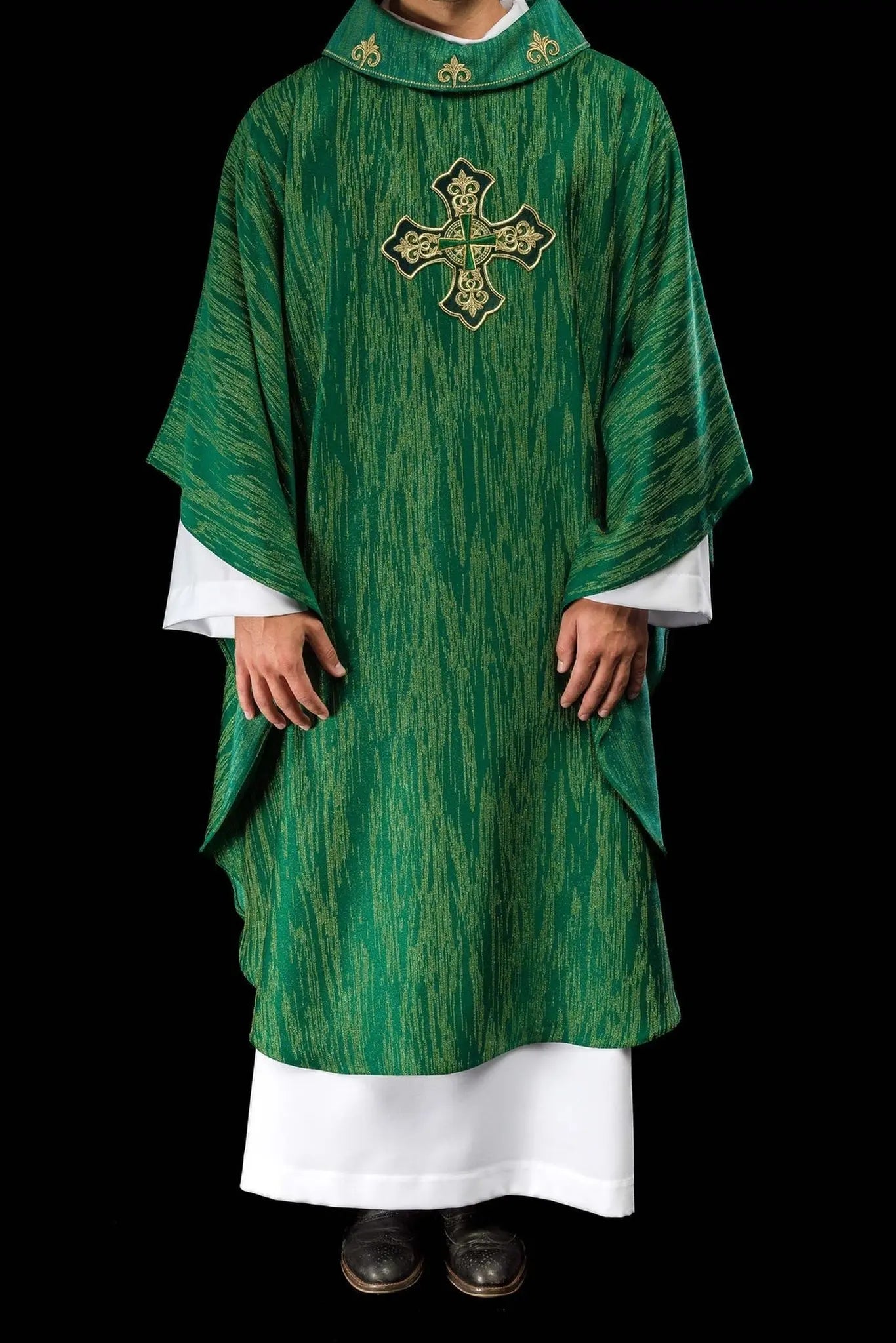 Green chasuble with richly embroidered cross and decorated collar