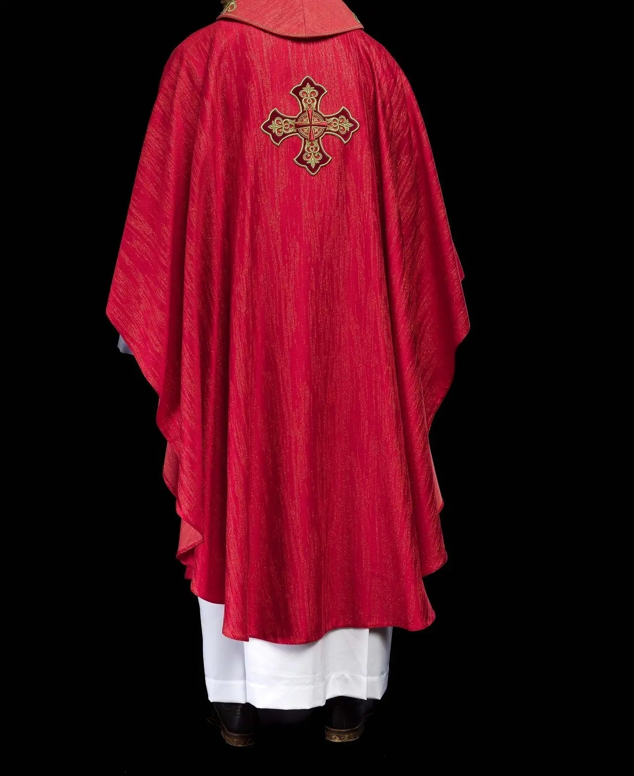 Red chasuble with embroidered cross motif on decor