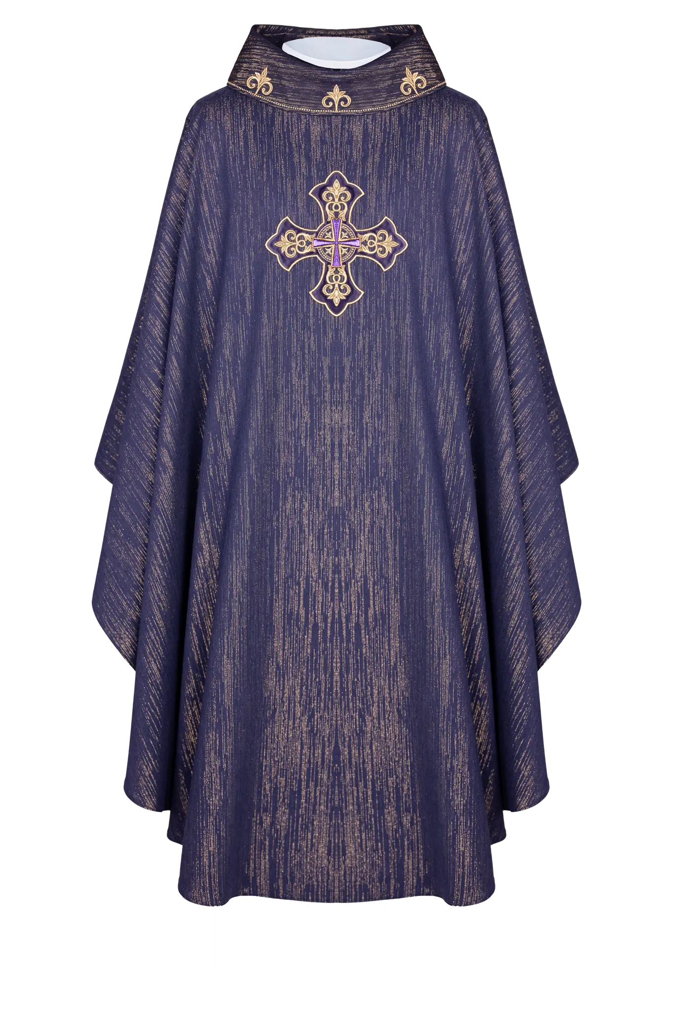 Purple chasuble with embroidered cross motif on de