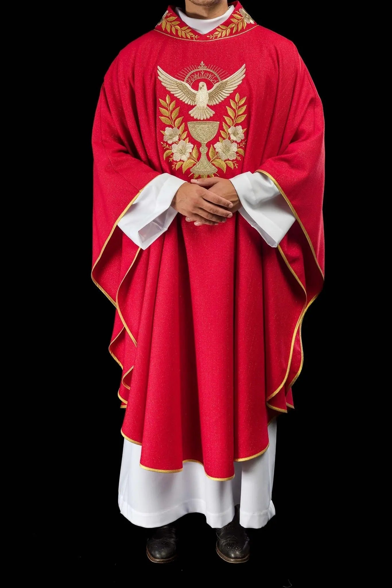 Red Chasuble with Embroidered Collar and Holy Spirit Symbol