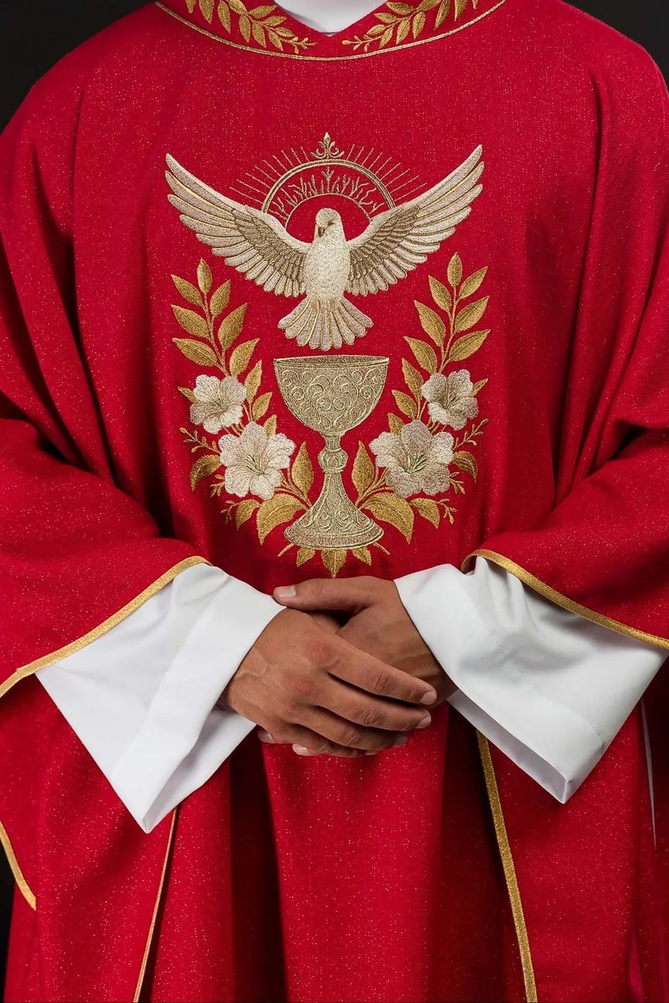 Red Chasuble with Embroidered Collar and Holy Spirit Symbol