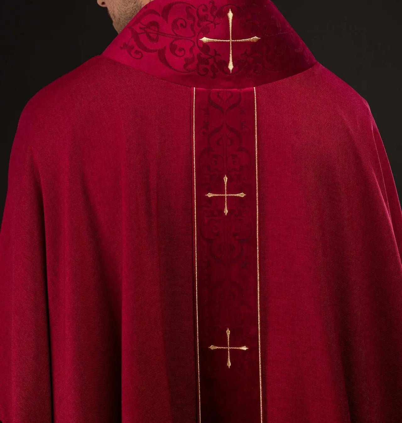 Red Chasuble with Embroidered Band and Cross-Embroidered Collar