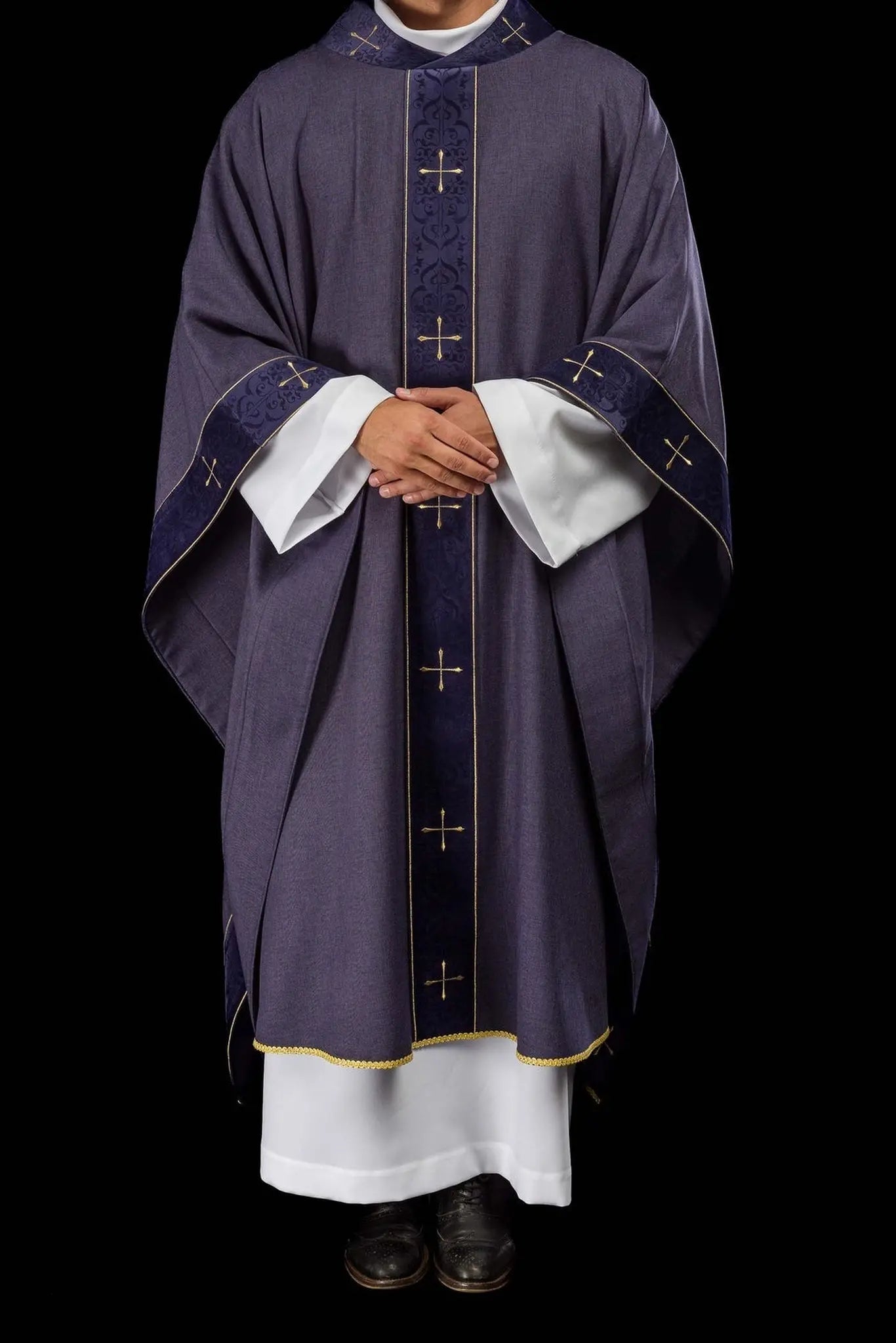 Purple Chasuble with Embroidered Band and Cross-Embroidered Collar