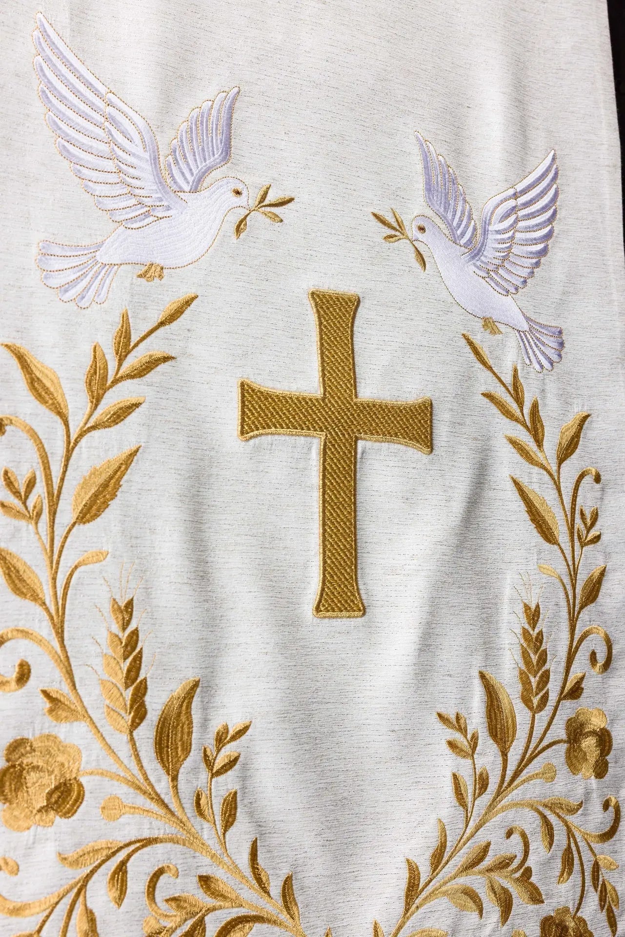 White Lectern Cover with Cross, Doves and Gold Embroidery