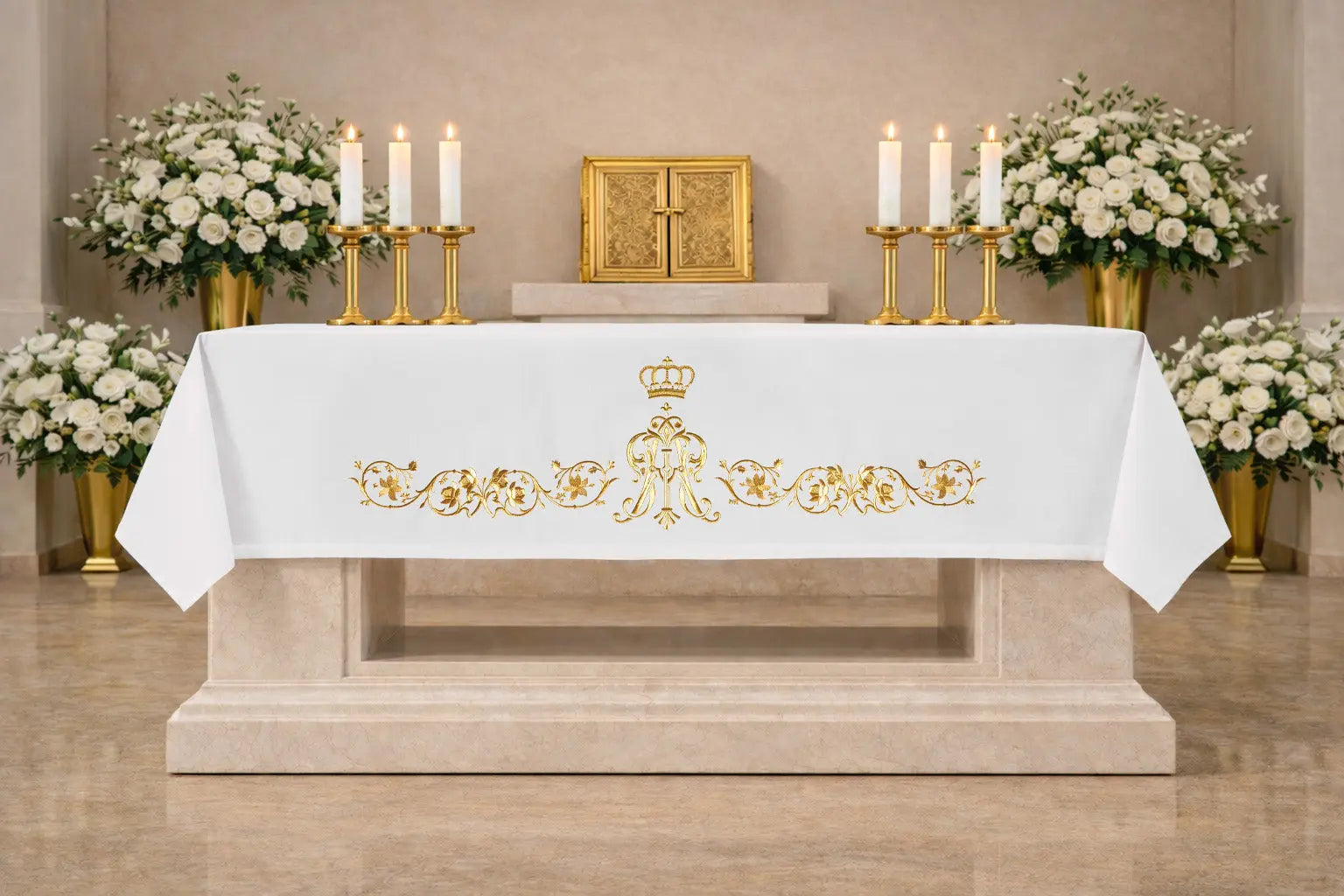 Altar Cloth with Gold Marian Monogram Embroidery