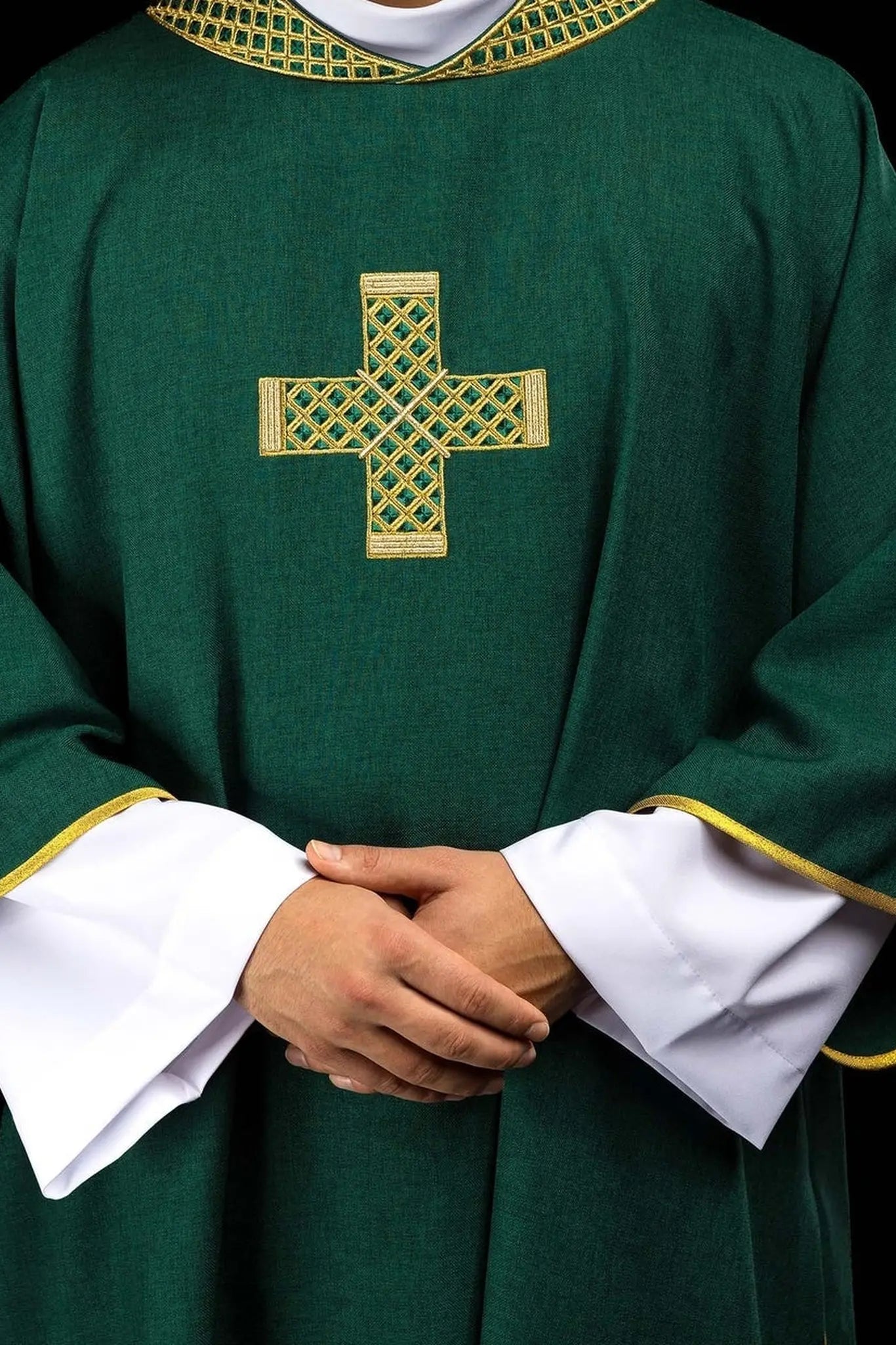 Green dalmatic with embroidered crosses and collar