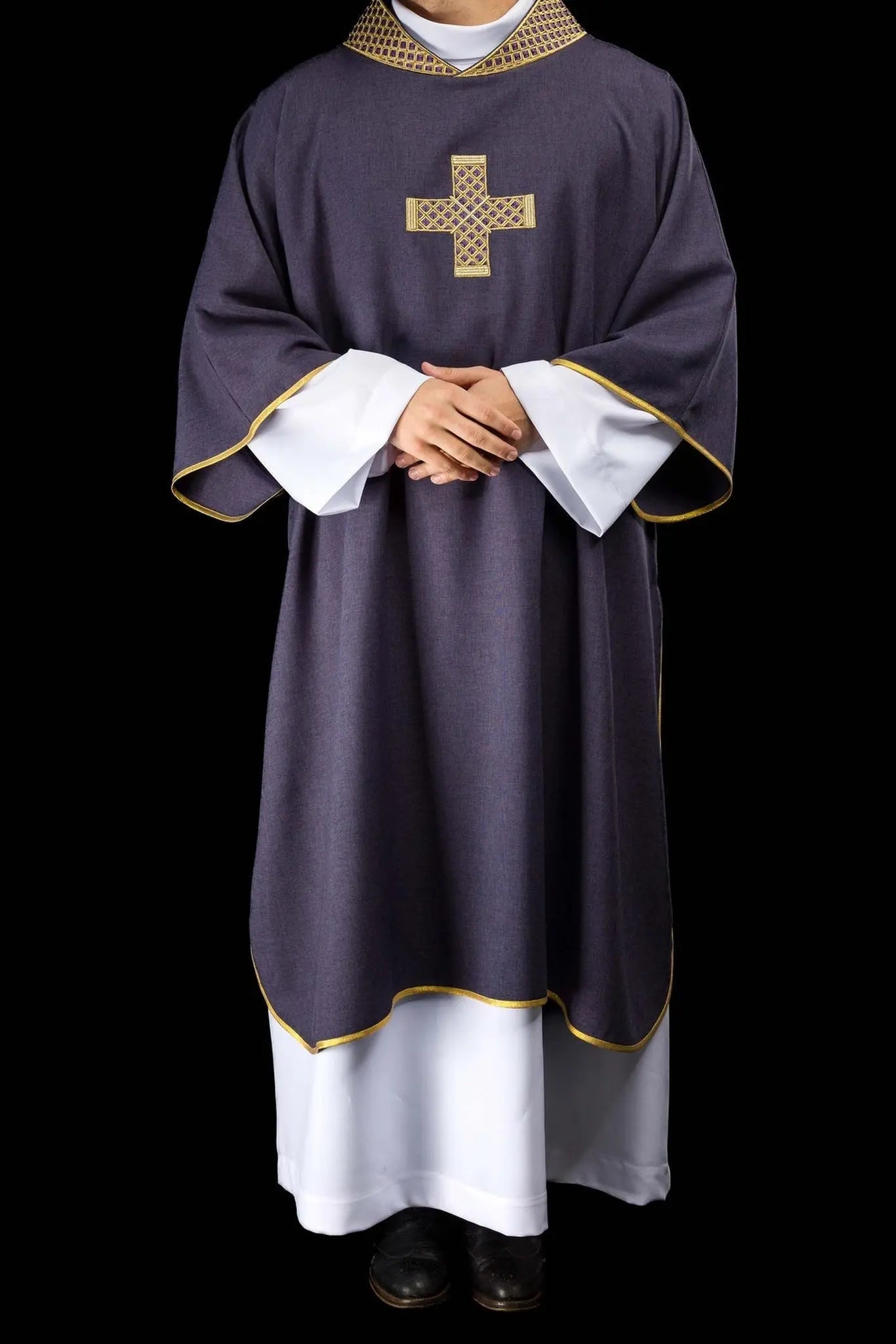 Purple dalmatic with embroidered crosses and collar