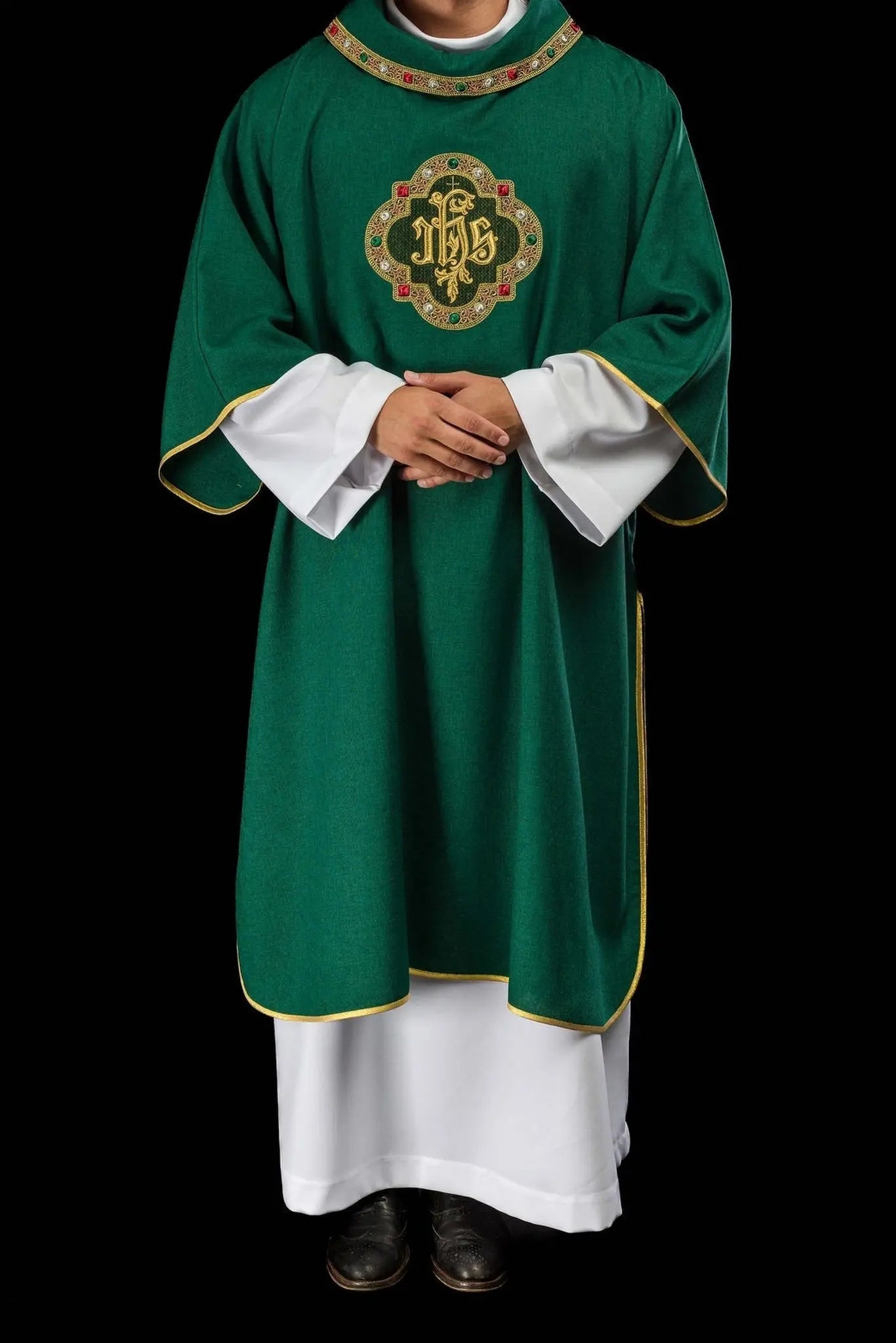 Green Dalmatic with IHS Symbol and Stand-Up Collar