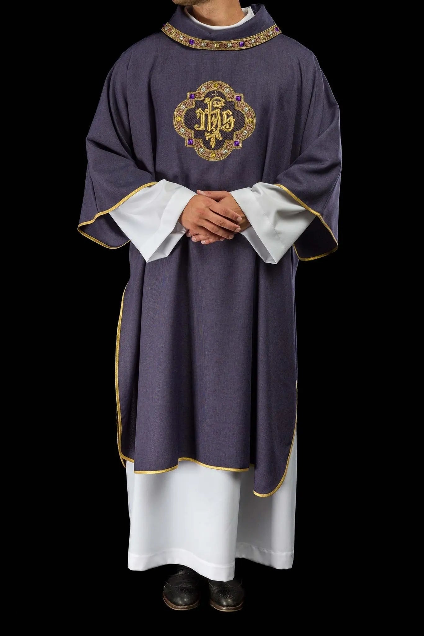 Purple Dalmatic with IHS Symbol and Stand-Up Collar