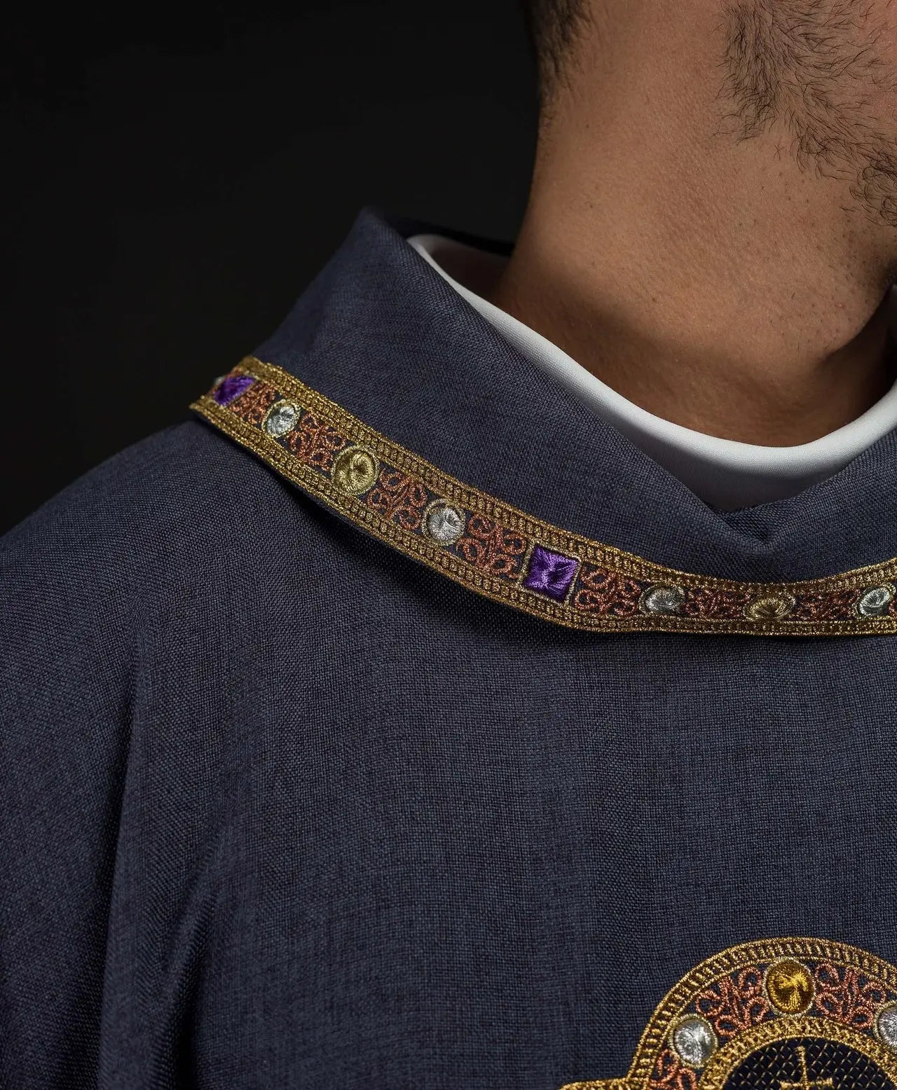 Purple Dalmatic with IHS Symbol and Stand-Up Collar