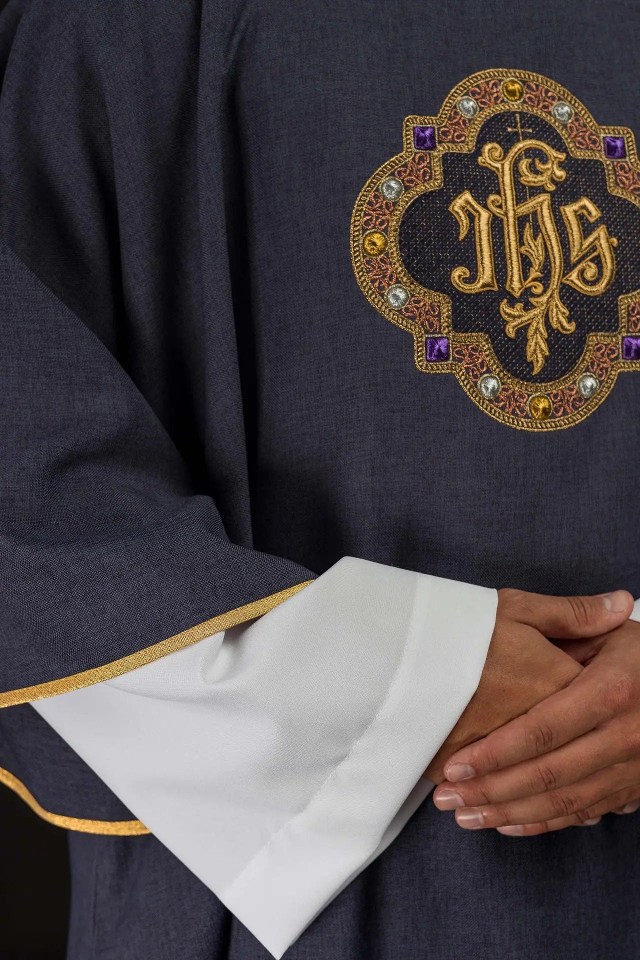 Purple Dalmatic with IHS Symbol and Stand-Up Collar