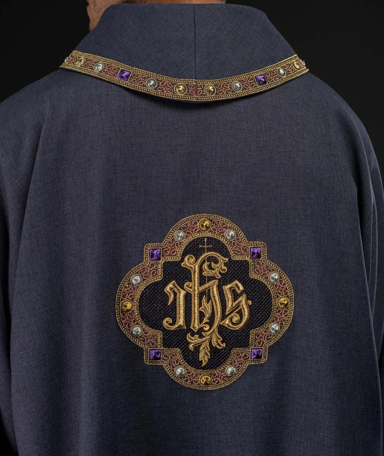 Purple Dalmatic with IHS Symbol and Stand-Up Collar