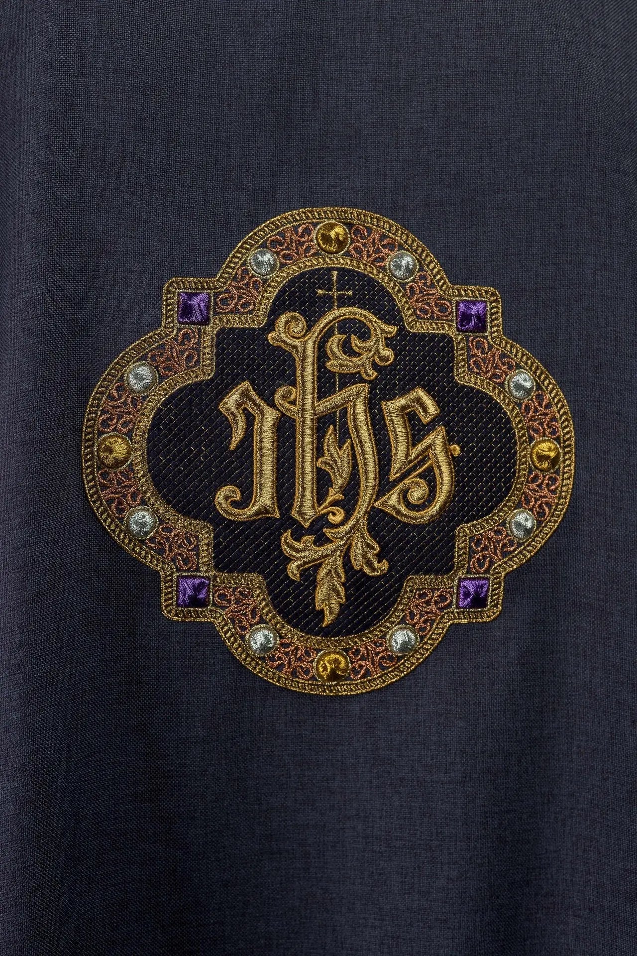 Purple Dalmatic with IHS Symbol and Stand-Up Collar
