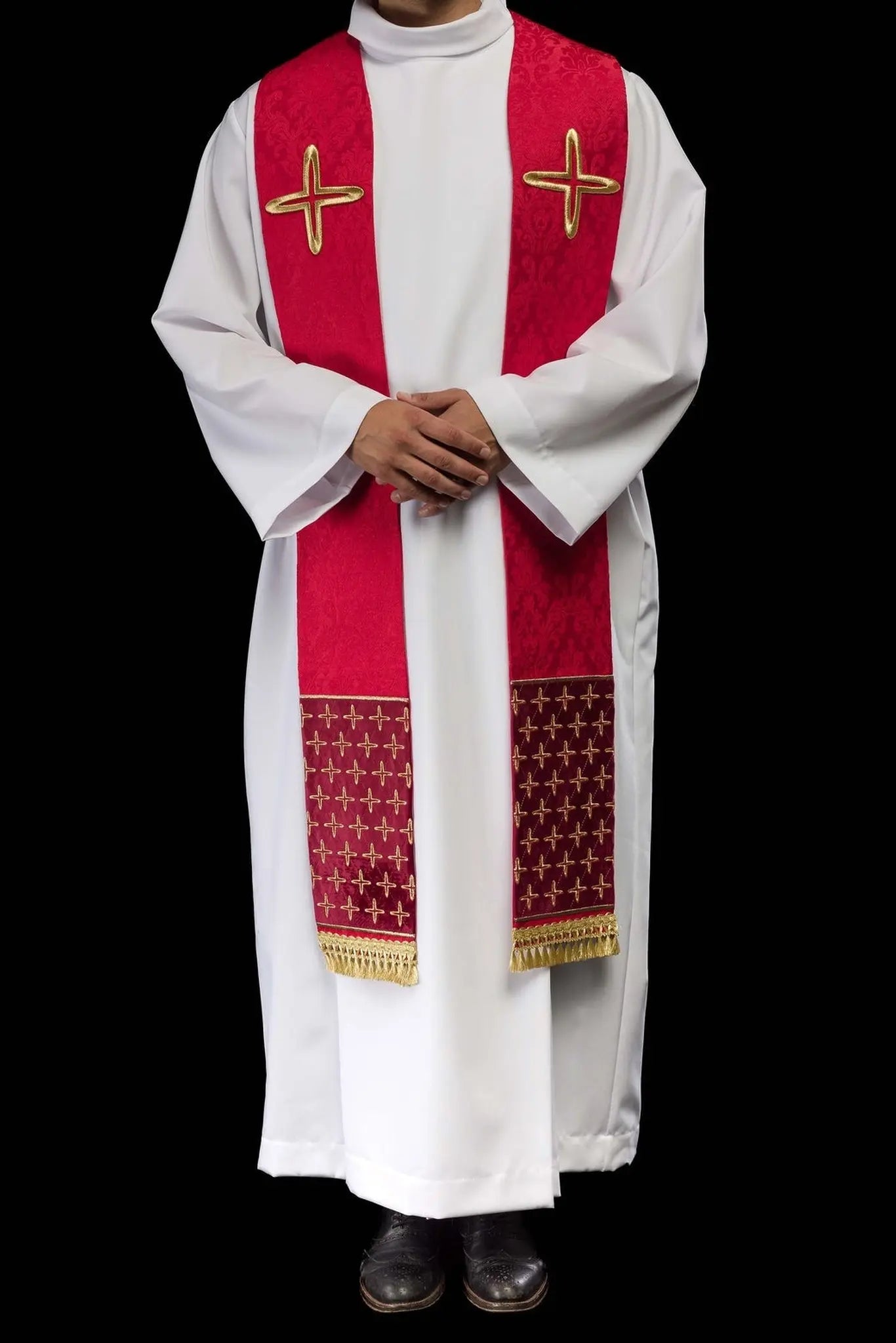 Red Jacquard Stole with Embroidered Cross Motifs
